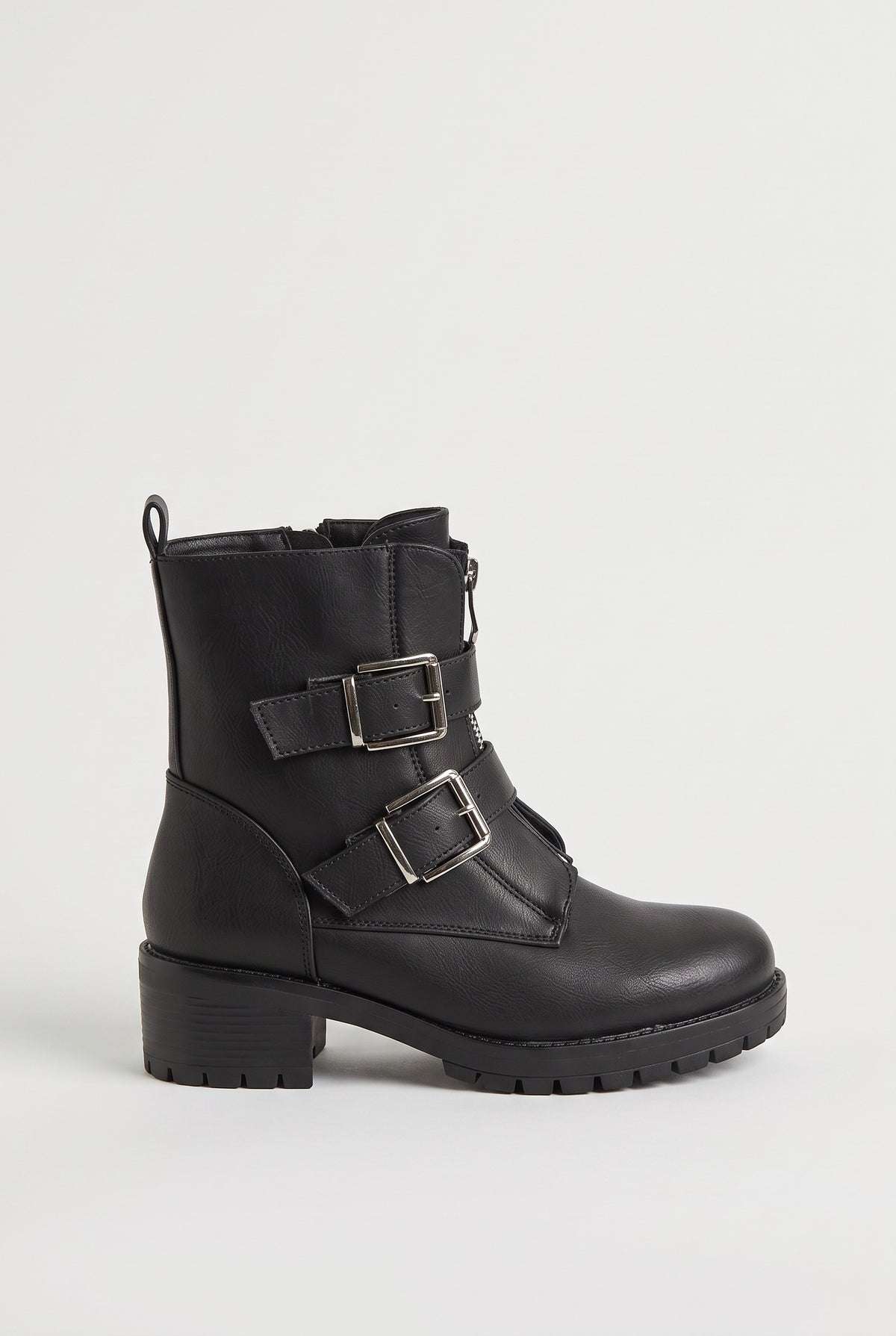 Women's Black Boots | Twin Buckle Ankle Zip - Black