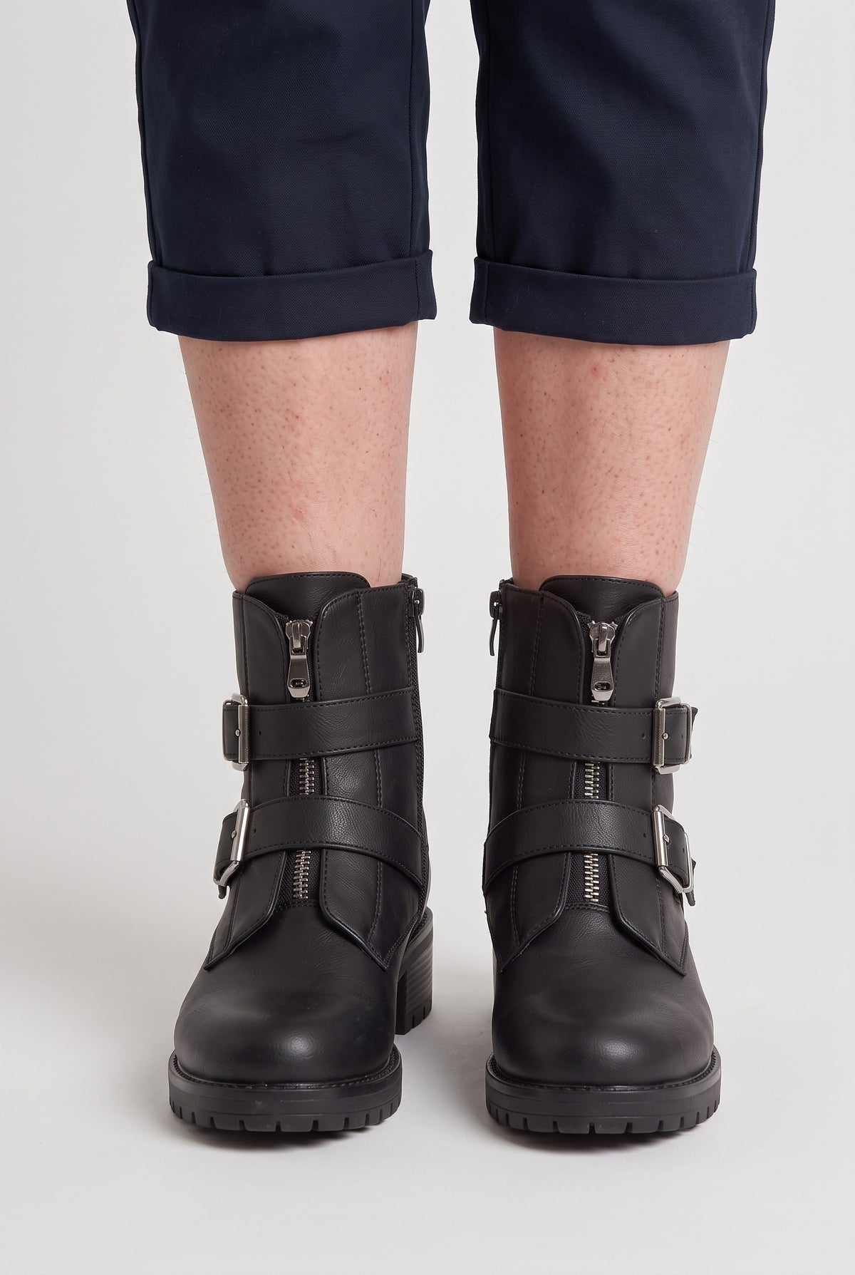 Women's Black Boots | Twin Buckle Ankle Zip worn
