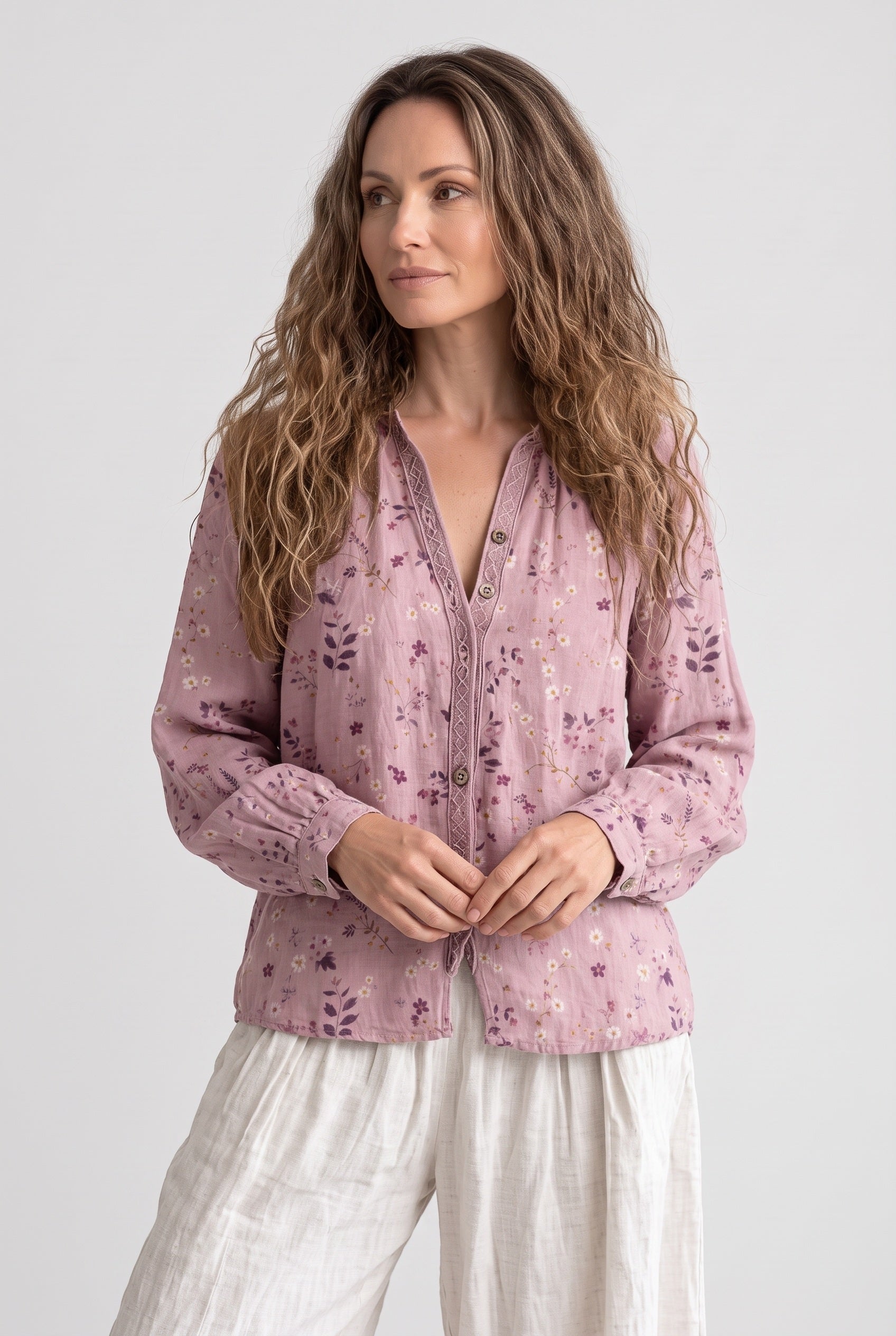 Women's Blouse | Leaf Print Button-Down - 3
