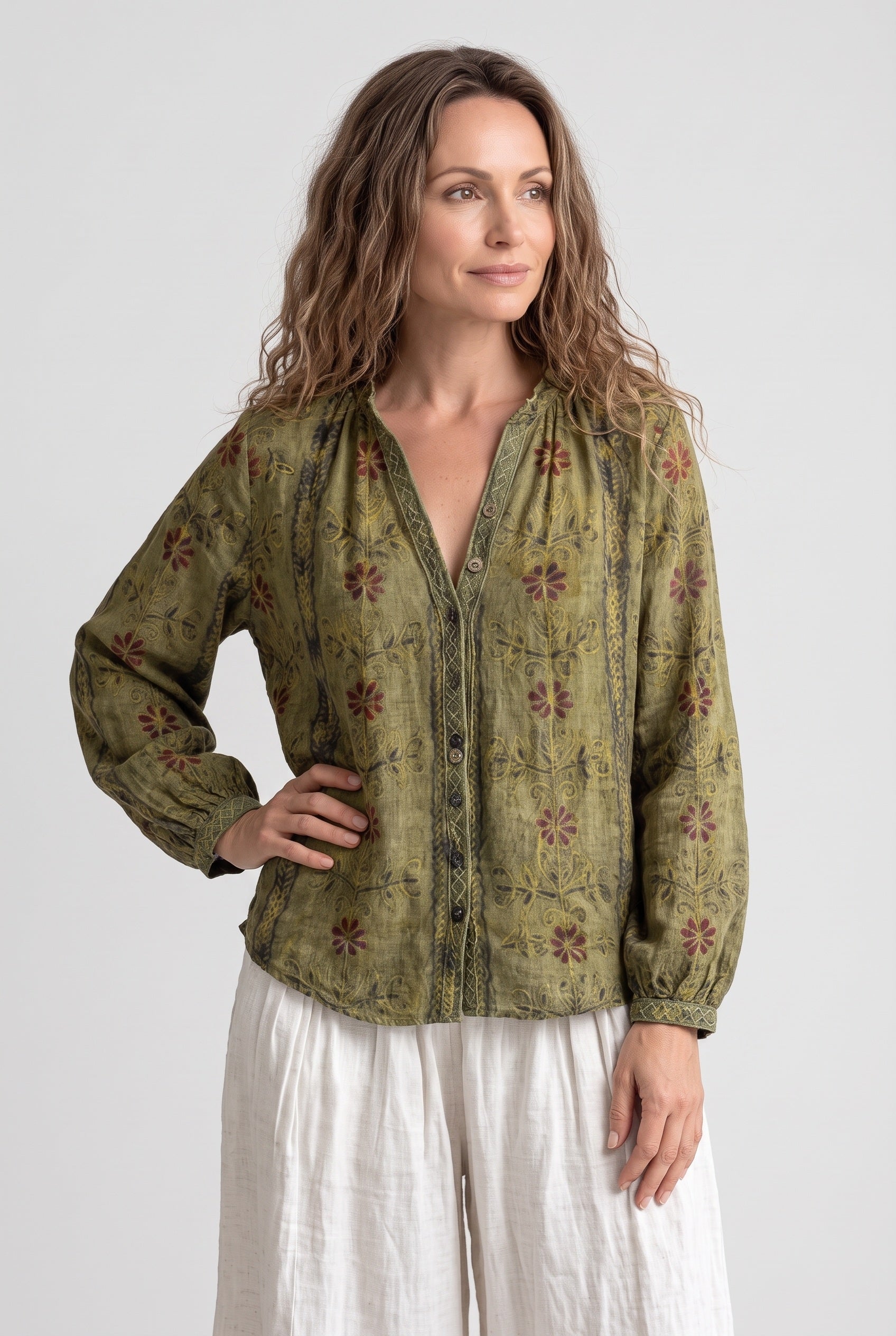 Women's Blouse | Leaf Print Button-Down - 4