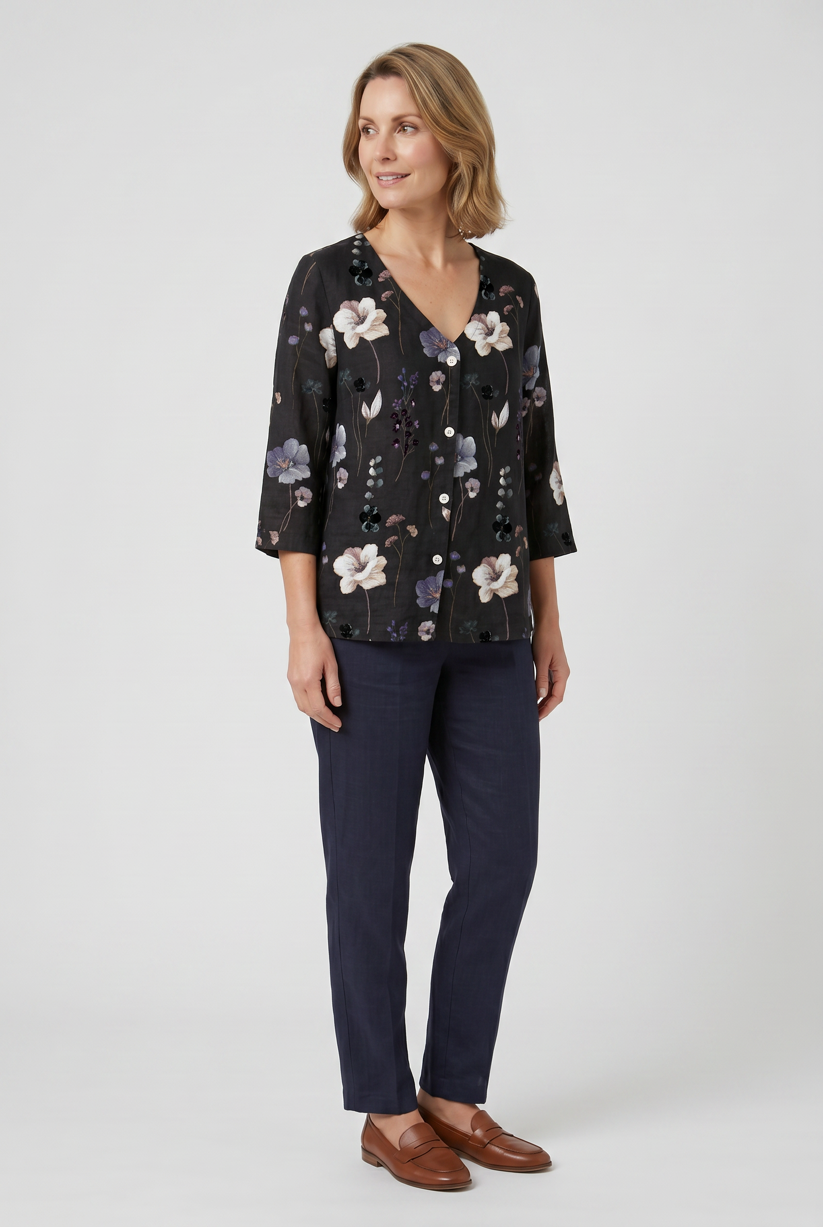 Women's Blouse | Printed Button Down 3/4 Sleeves-8