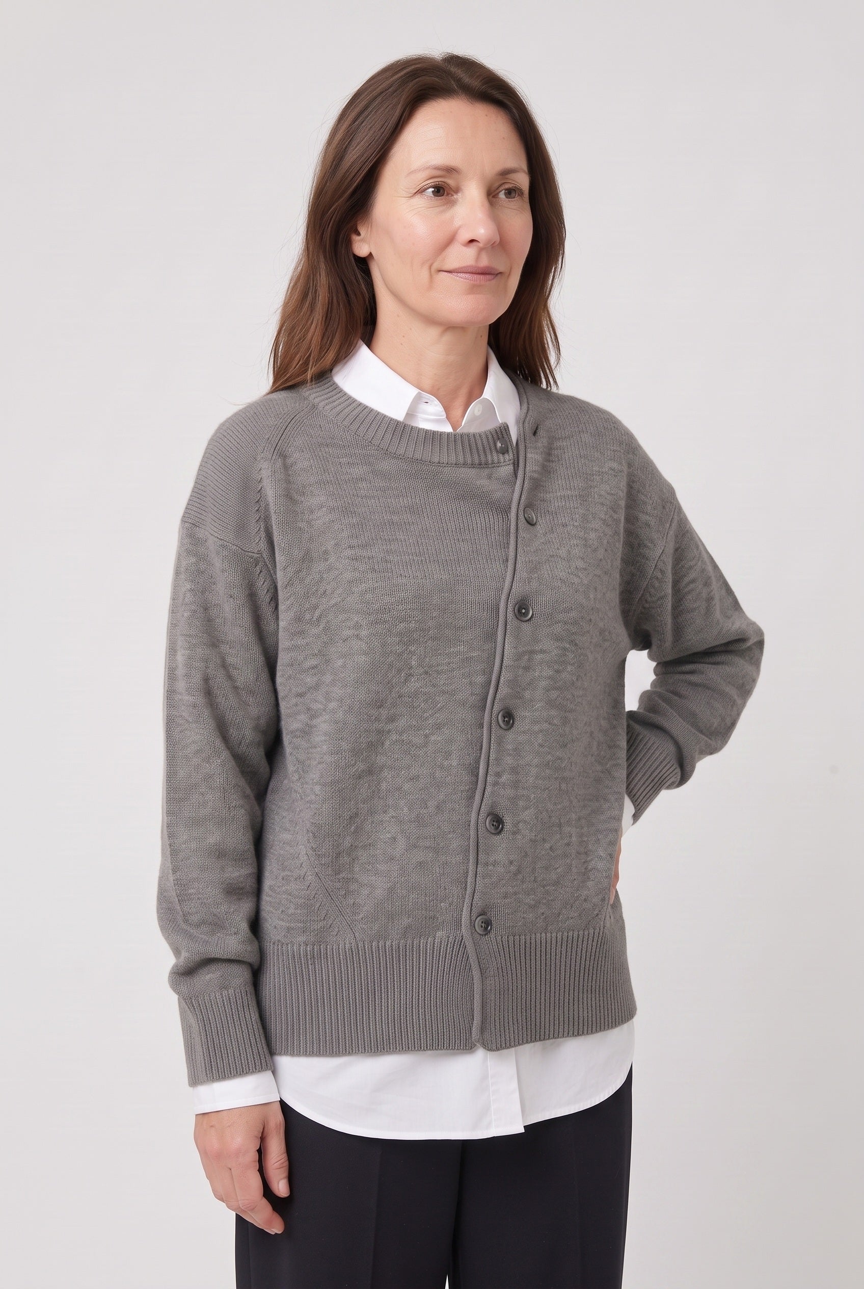 Women's Cardigan | Button-Front Drop Shoulder - Grey