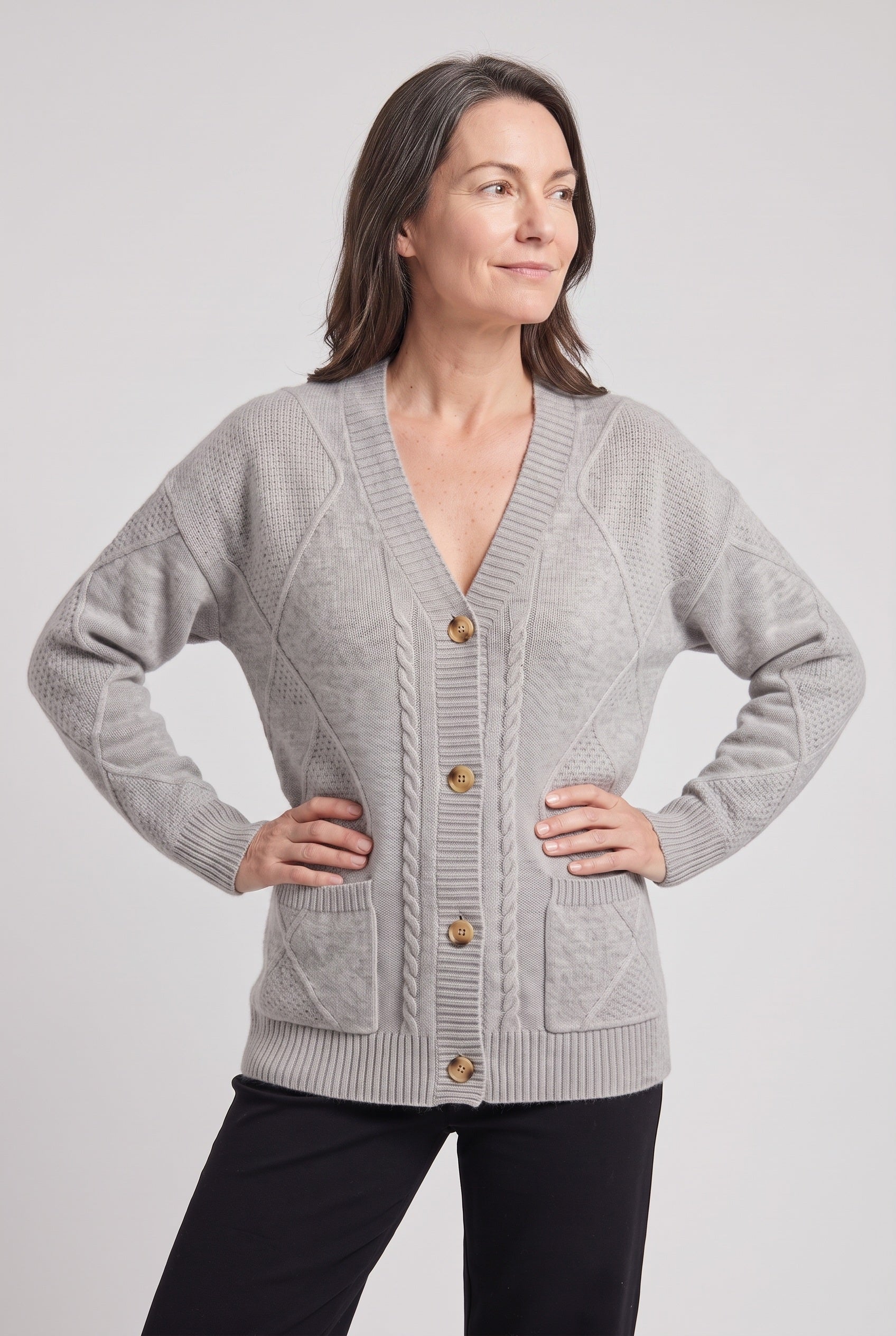 Women's Cardigan | Cable Knit V-Neck - Grey