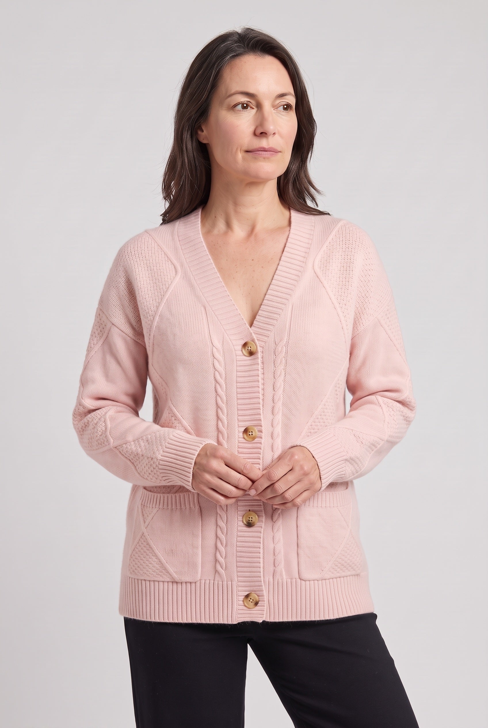 Women's Cardigan | Cable Knit V-Neck - Pink