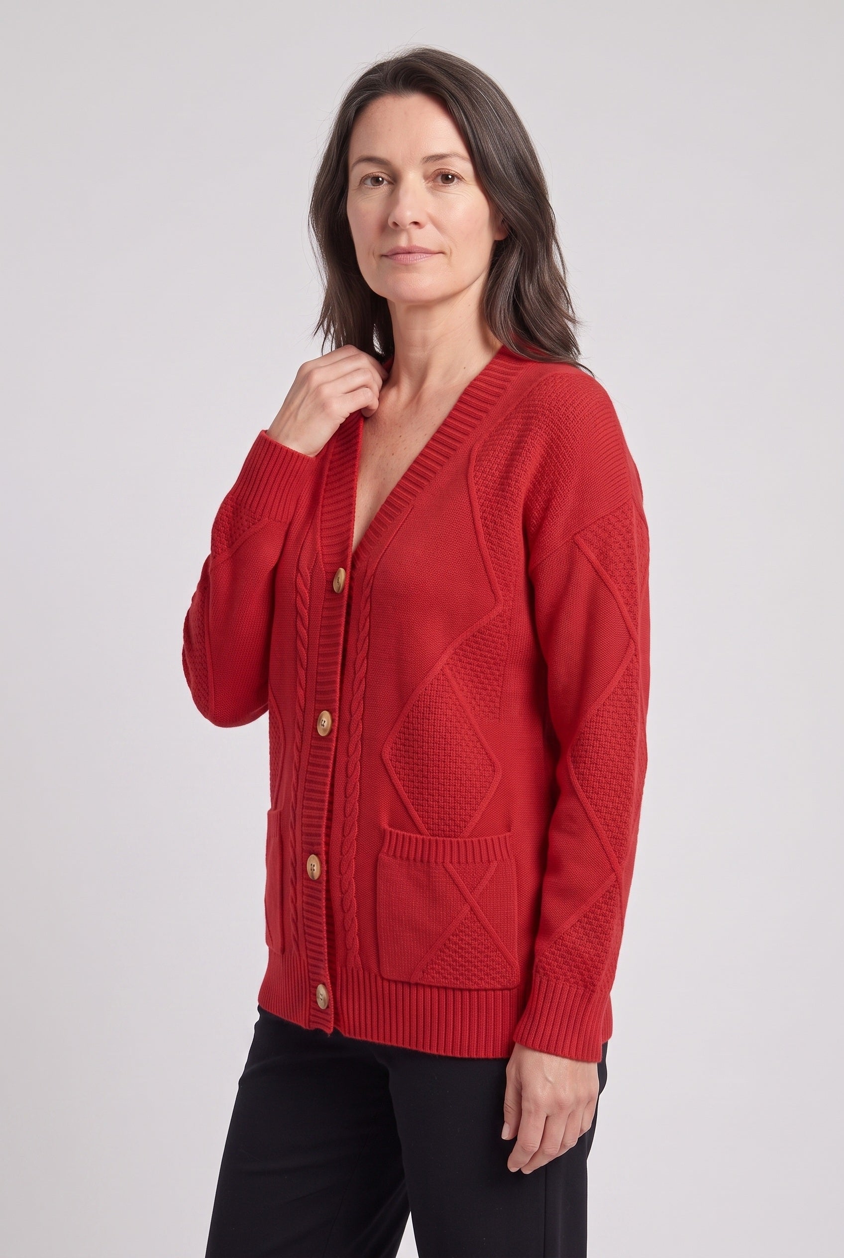 Women's Cardigan | Cable Knit V-Neck - Red