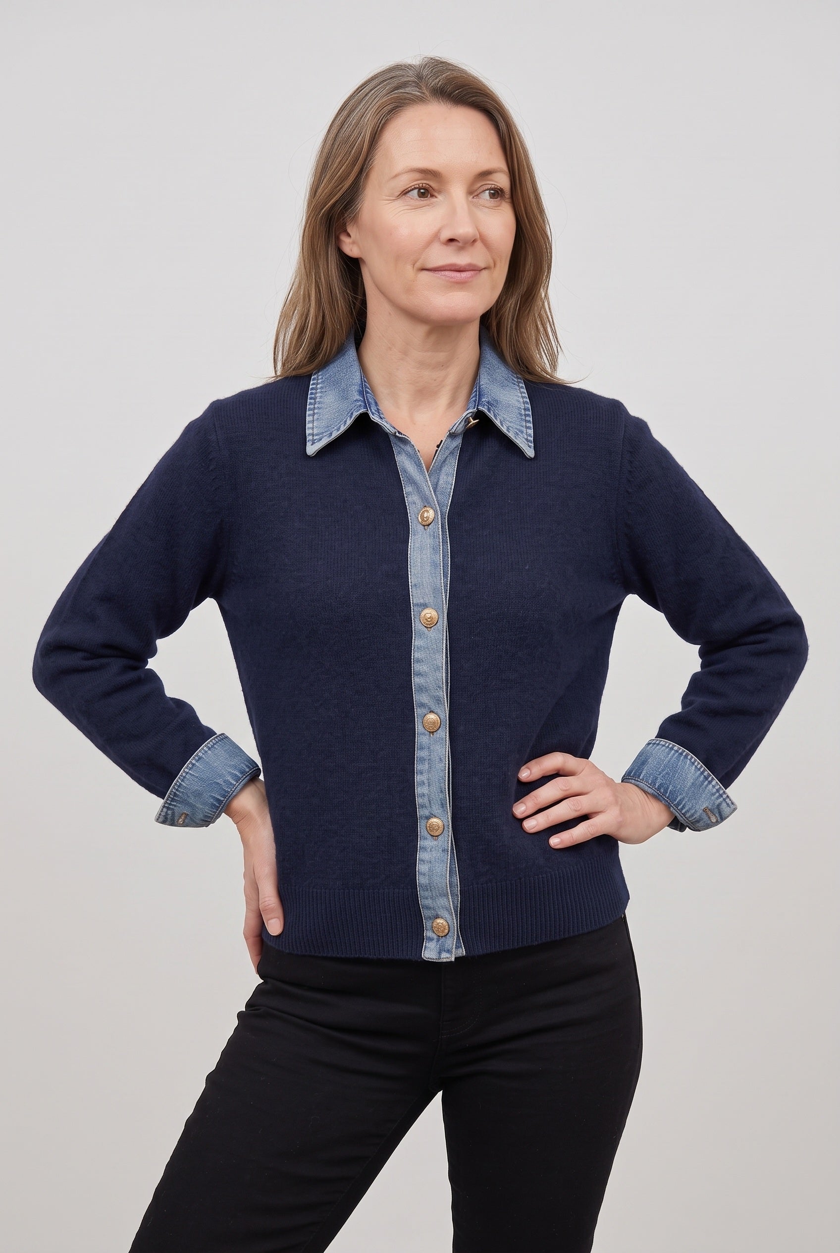 Women's Cardigan | Denim-Look Collar Button Front - Blue