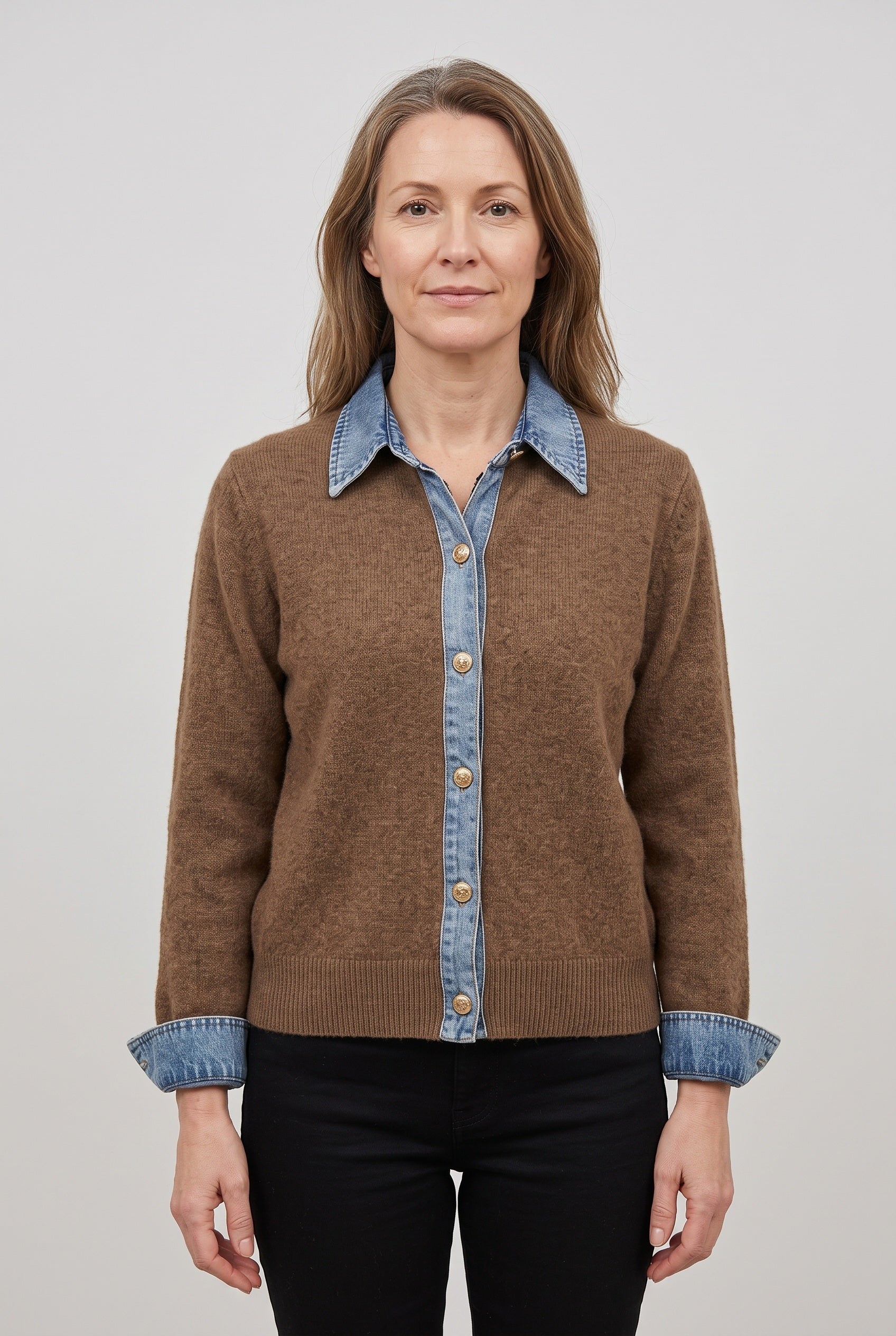 Women's Cardigan | Denim-Look Collar Button Front - Brown