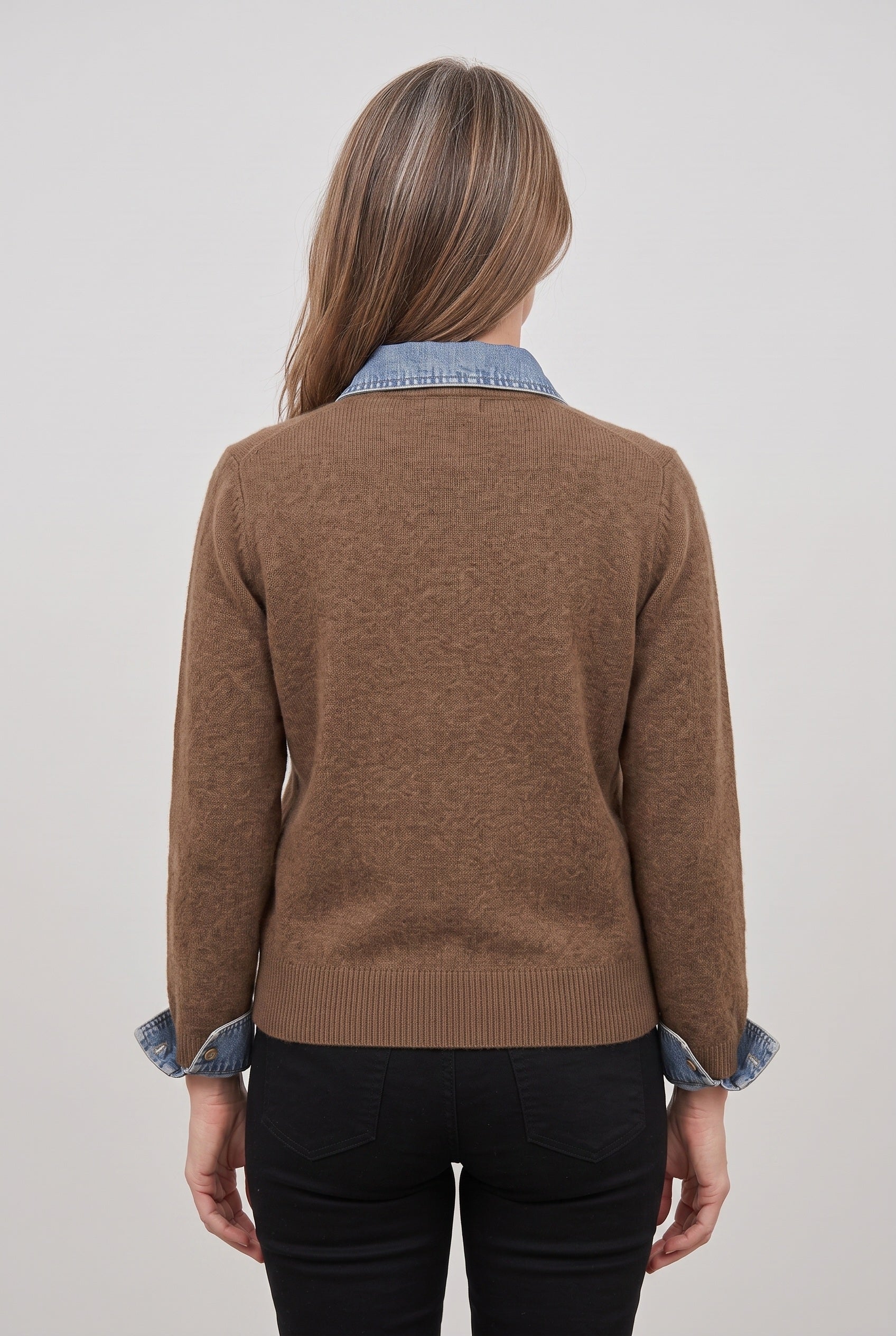 Women's Cardigan | Denim-Look Collar Button Front - Brown back