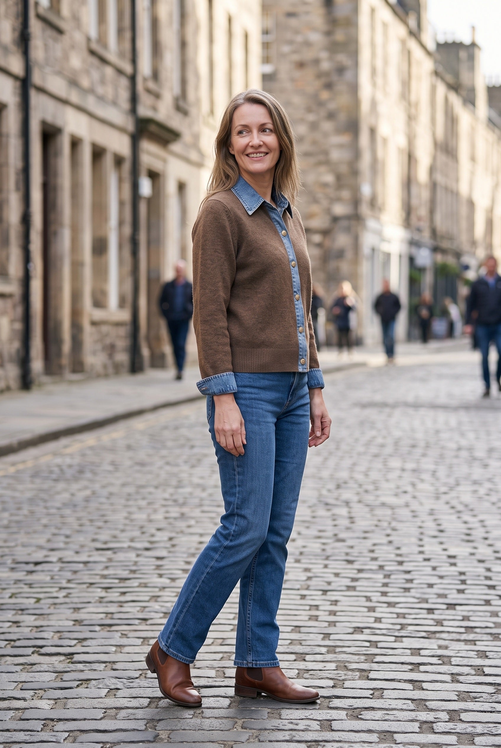 Women's Cardigan | Denim-Look Collar Button Front - Brown lifestyle