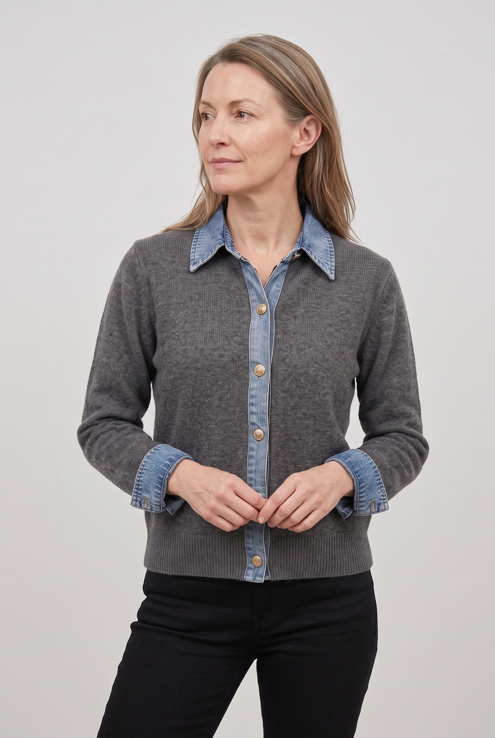 Women's Cardigan | Denim-Look Collar Button Front - Grey