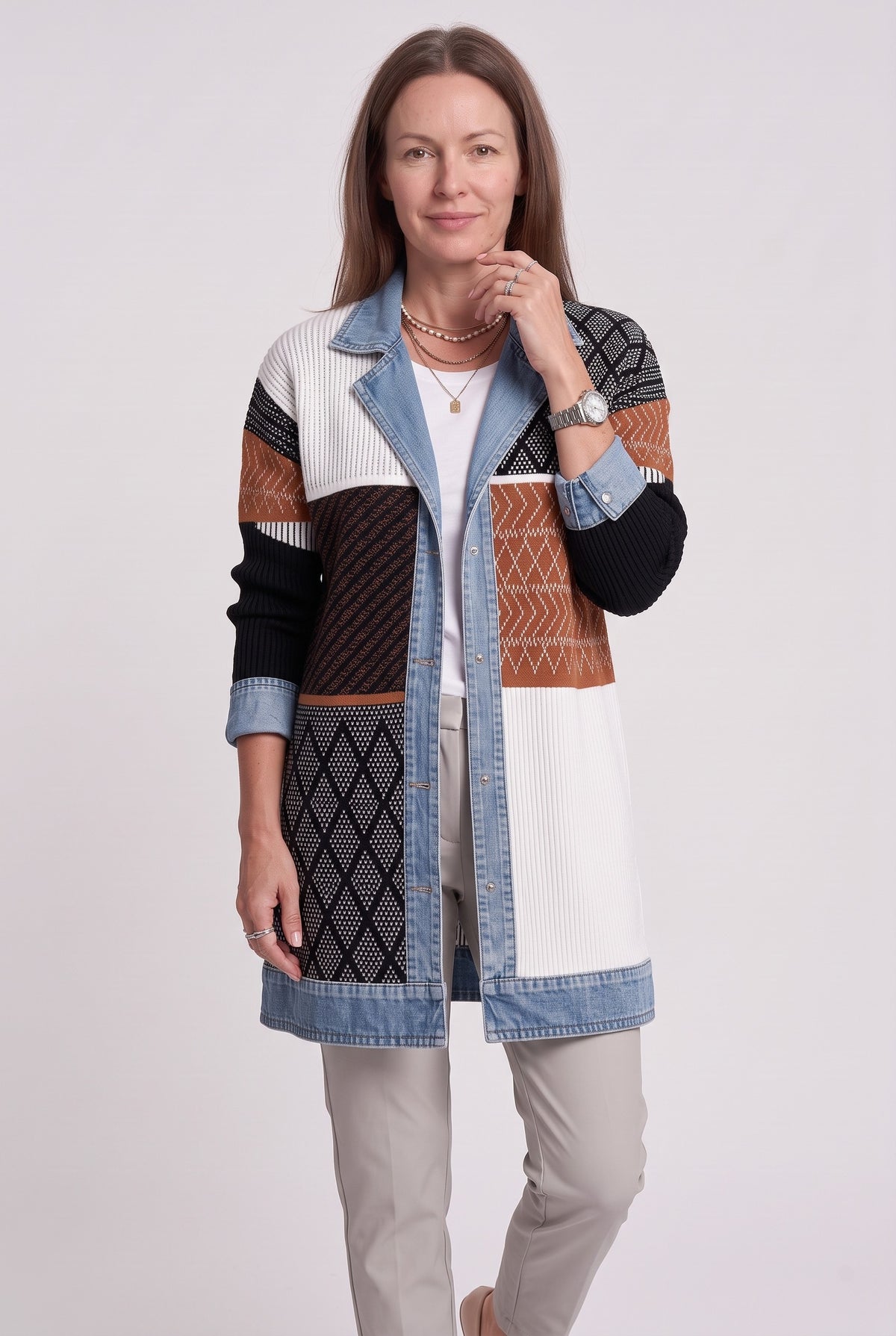 Women's Cardigan | Denim Panel Ribbed Knit - Colour Block