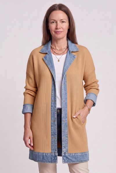 Women's Cardigan | Denim Panel Ribbed Knit - Khaki