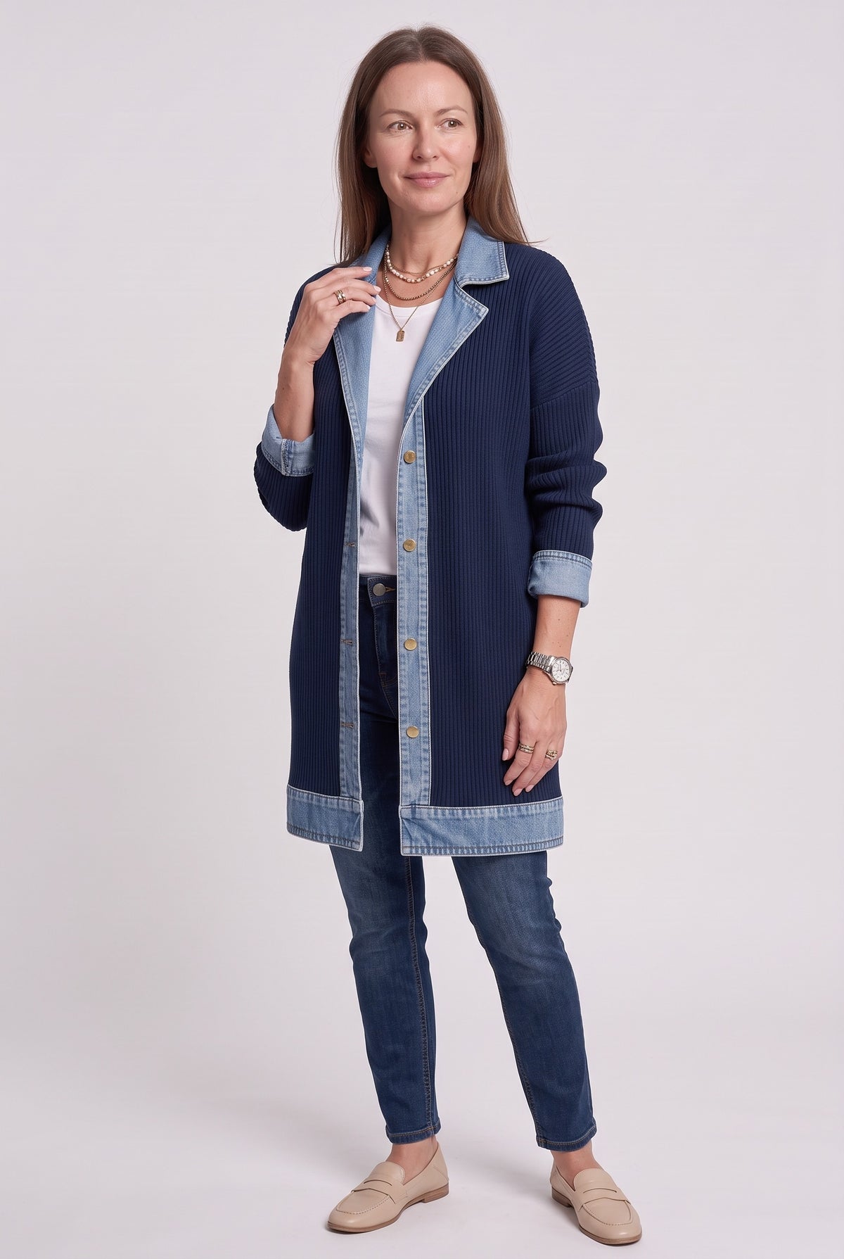 Women's Cardigan | Denim Panel Ribbed Knit - Navy