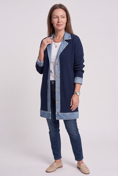 Women's Cardigan | Denim Panel Ribbed Knit - Navy