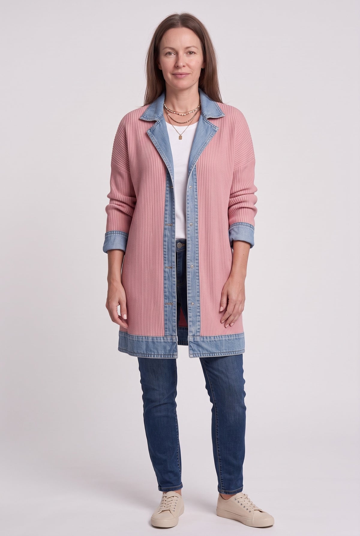 Women's Cardigan | Denim Panel Ribbed Knit - Pink