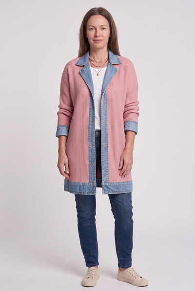 Women's Cardigan | Denim Panel Ribbed Knit - Pink