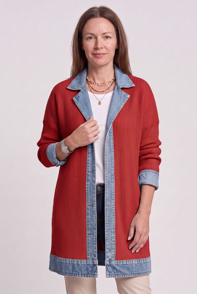 Women's Cardigan | Denim Panel Ribbed Knit - Red