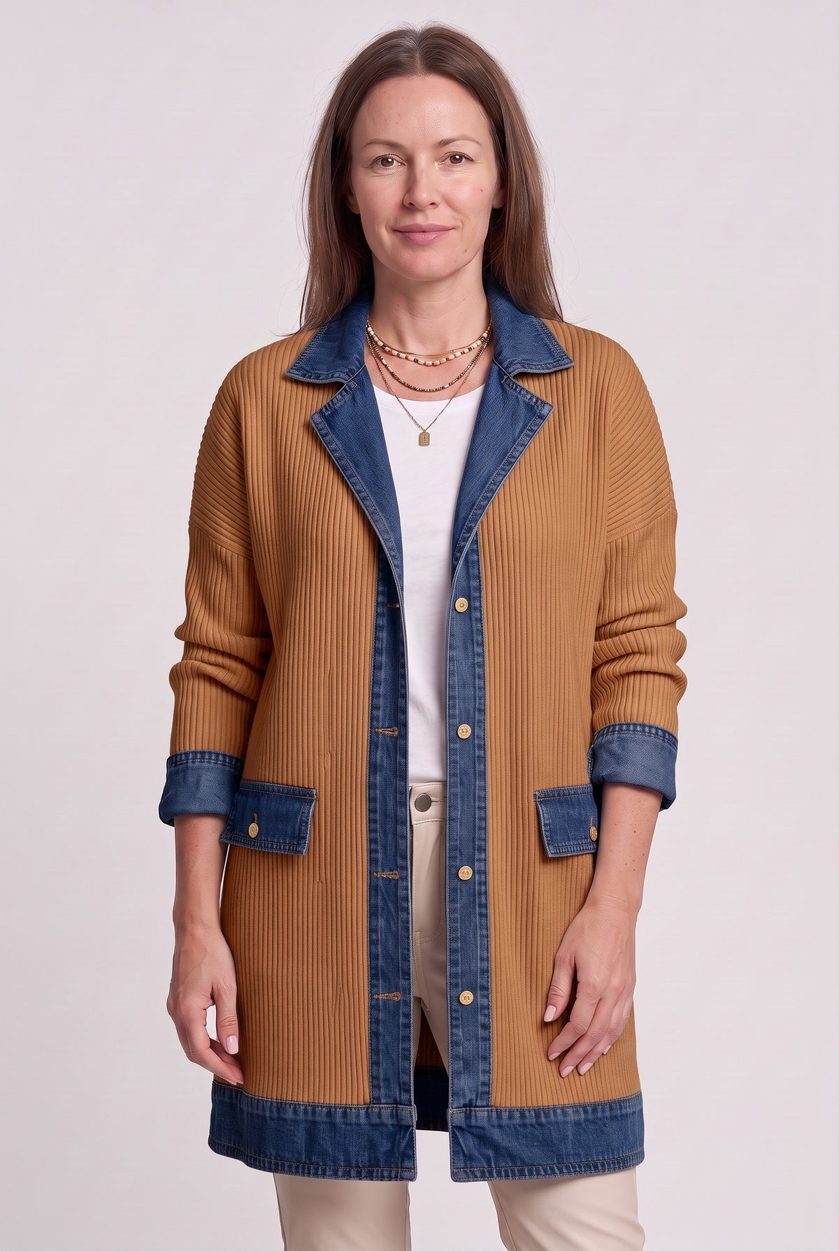 Women's Cardigan | Denim Panel Ribbed Knit - Rust