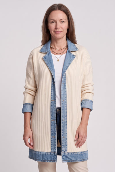 Women's Cardigan | Denim Panel Ribbed Knit - White