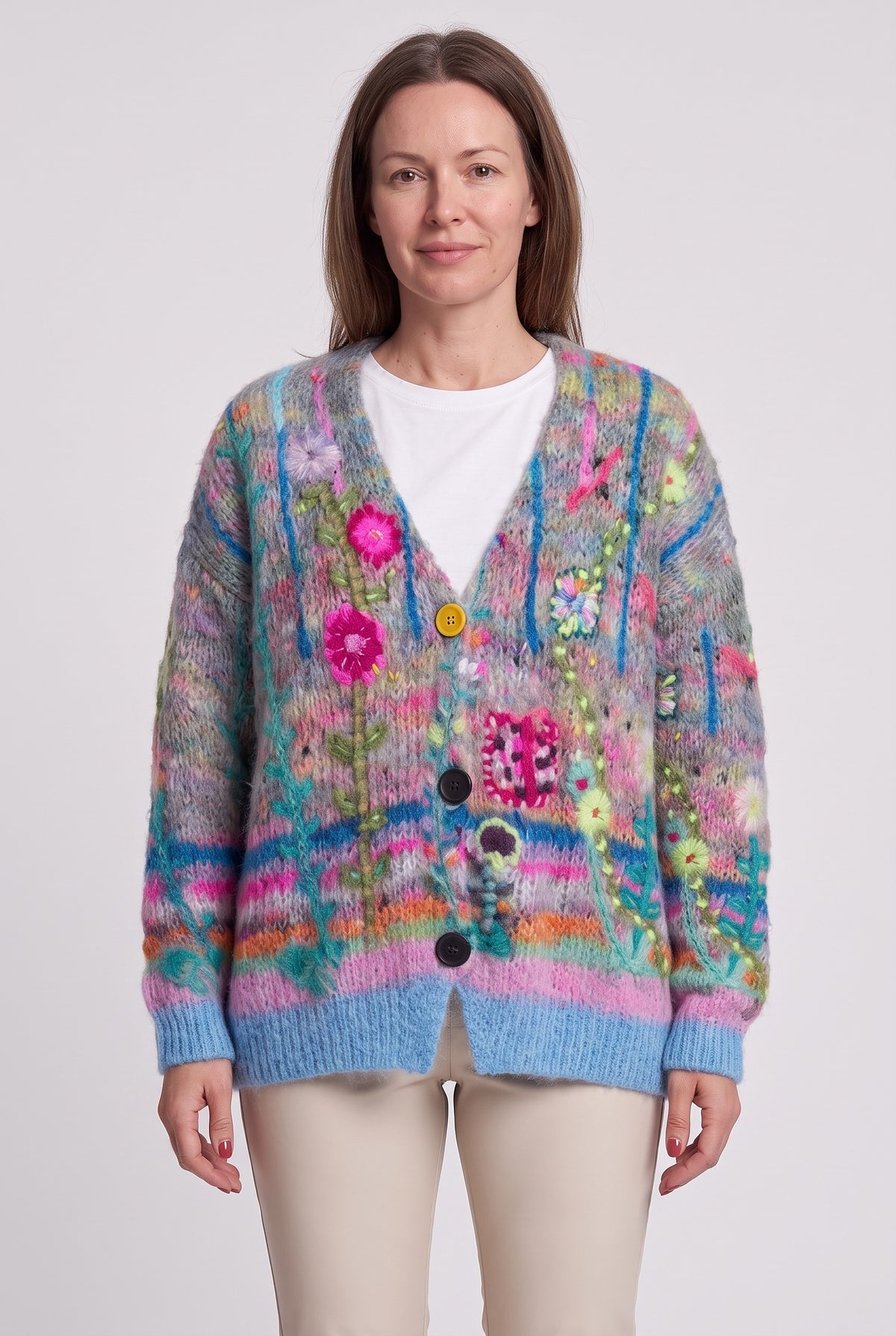 Women's Cardigan | Floral Knit Button-Front - Blue