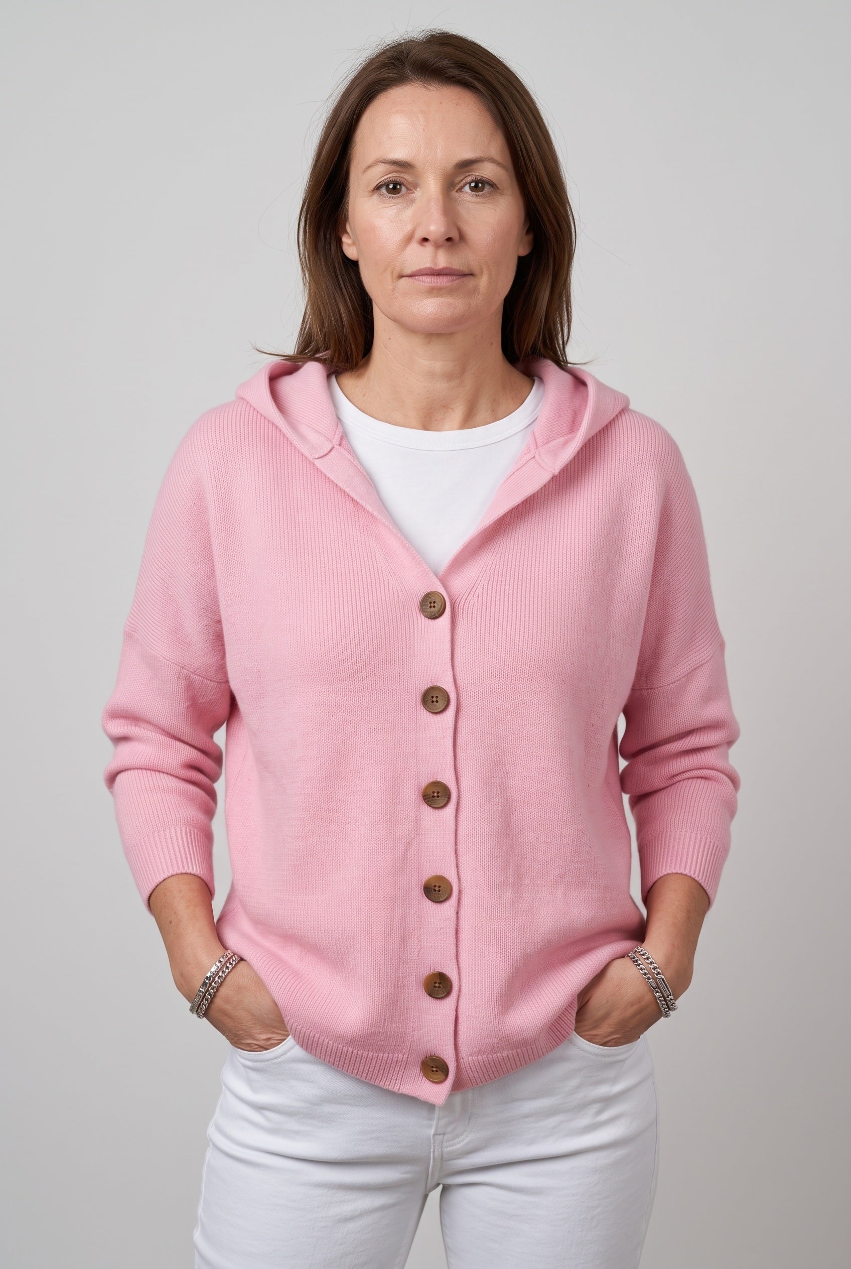 Women's Cardigan | Hooded Button Front - Pink