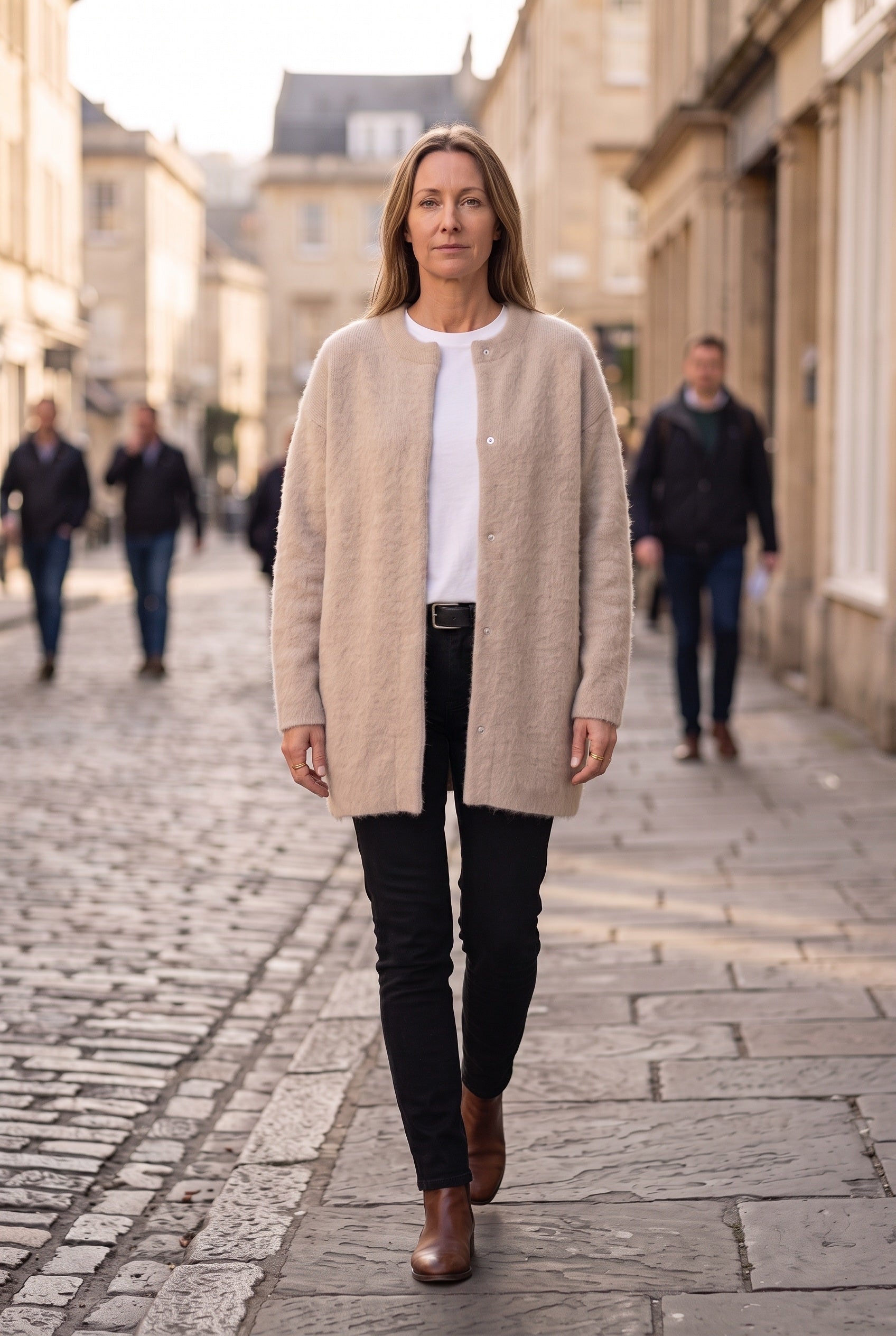 Women's Cardigan | Longline Button-Front - Beige lifestyle