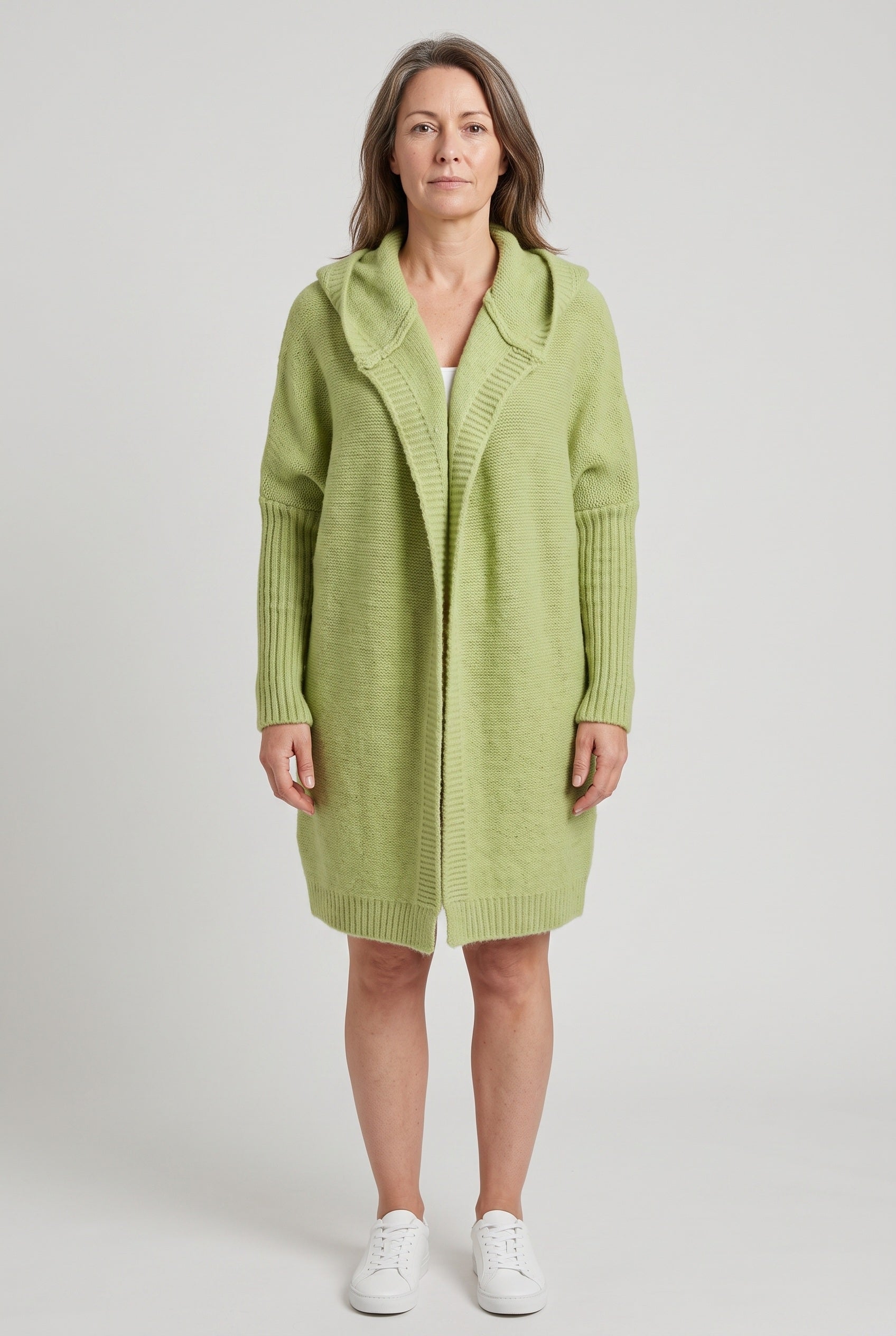 Women's Cardigan | Longline Open Front Drop Shoulder - Apple Green