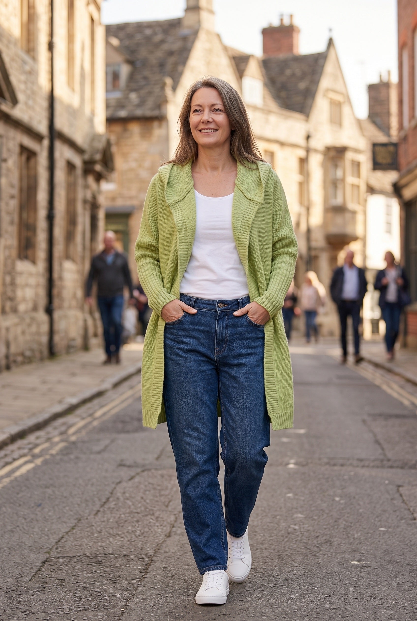 Women's Cardigan | Longline Open Front Drop Shoulder - Apple Green lifestyle