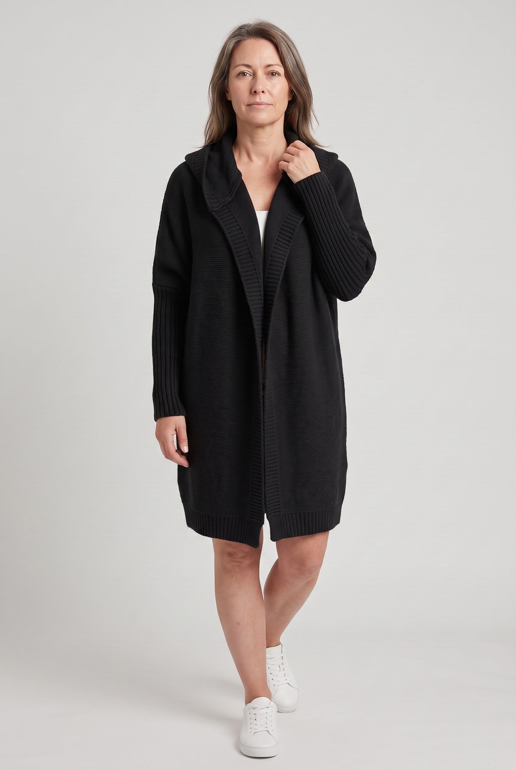 Women's Cardigan | Longline Open Front Drop Shoulder - Black