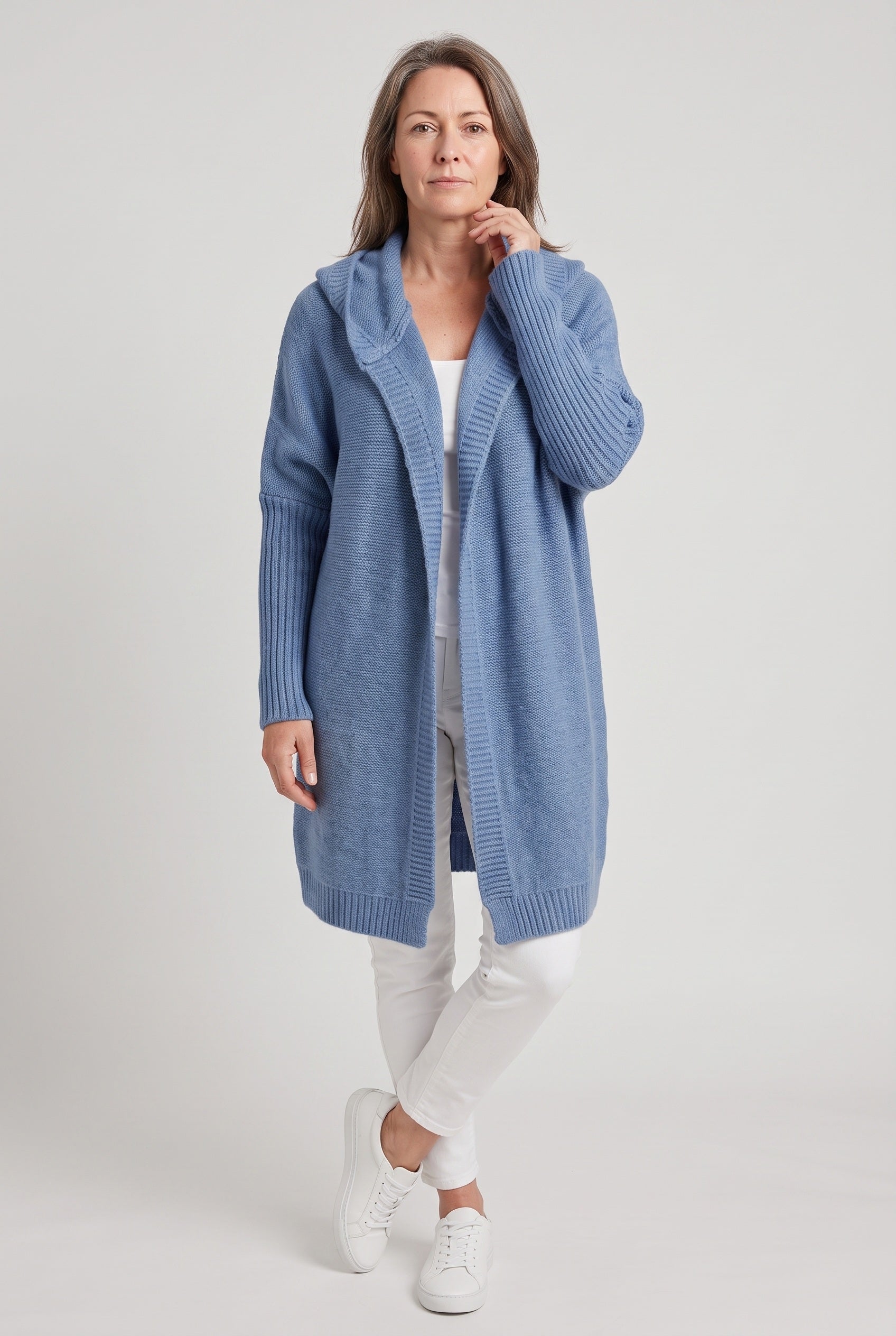 Women's Cardigan | Longline Open Front Drop Shoulder - Blue