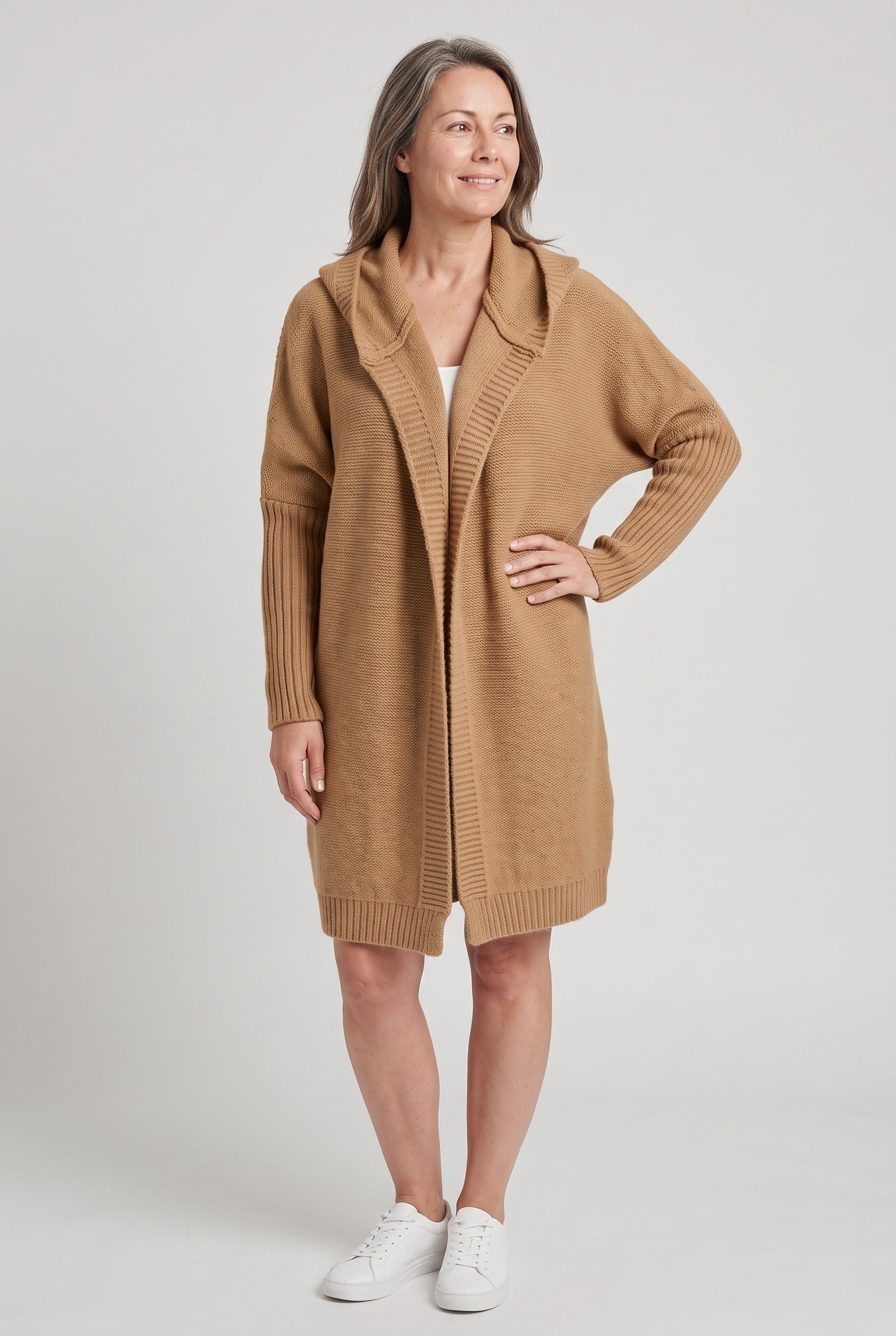 Women's Cardigan | Longline Open Front Drop Shoulder - Camel