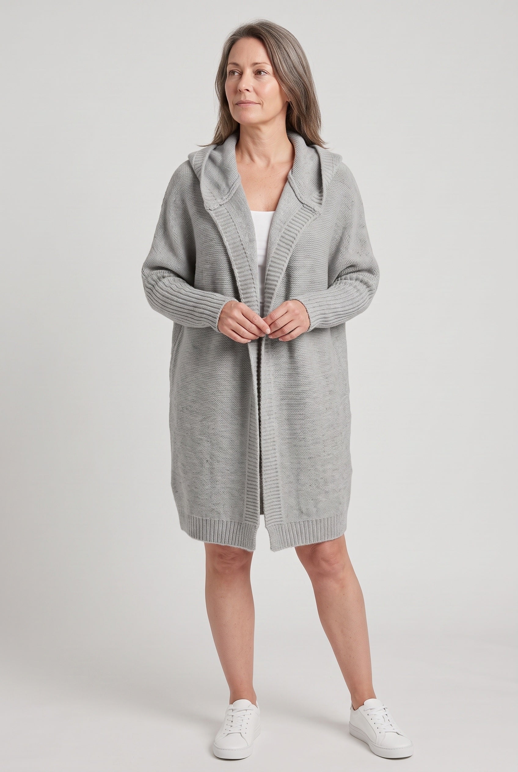 Women's Cardigan | Longline Open Front Drop Shoulder - Grey