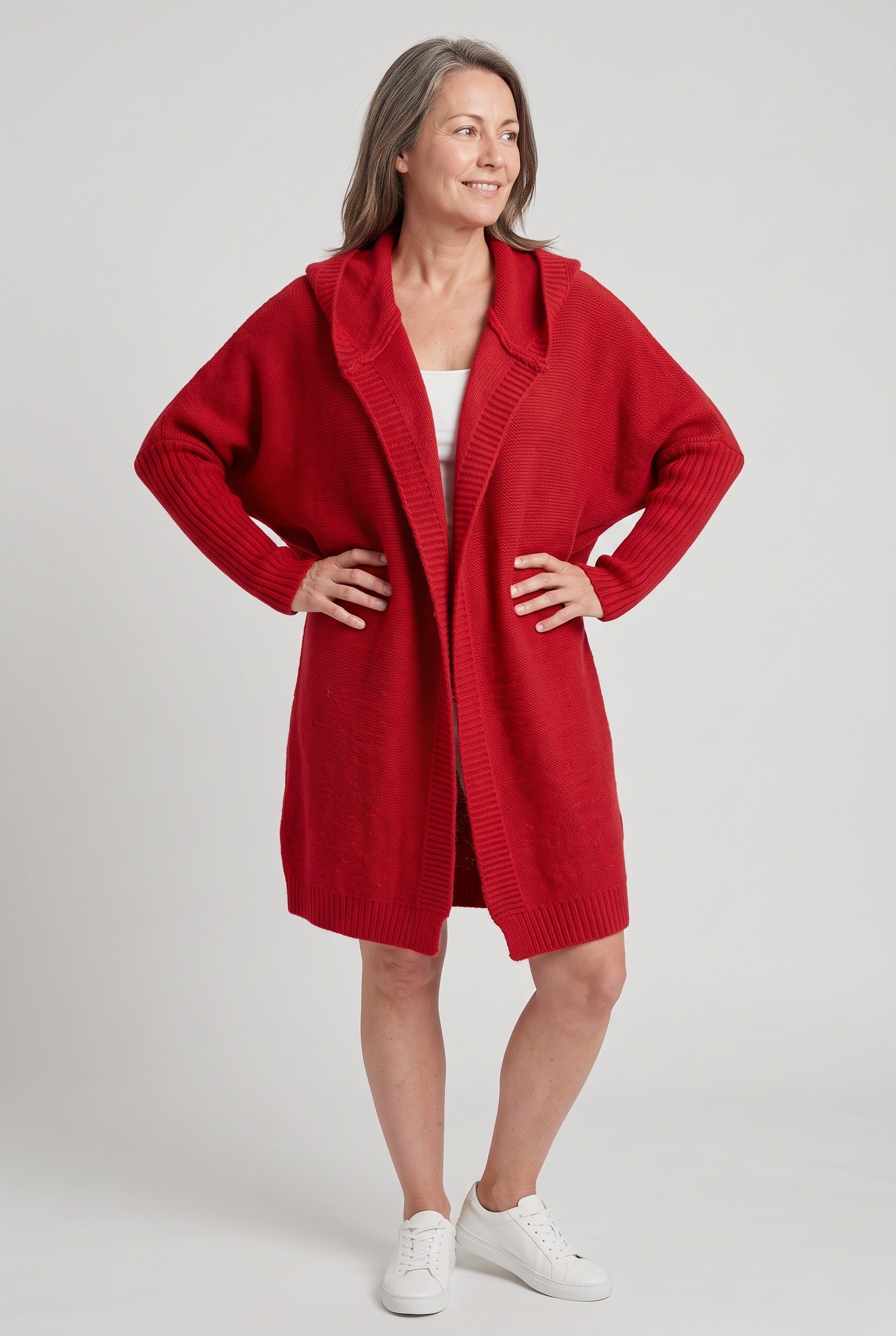 Women's Cardigan | Longline Open Front Drop Shoulder - Red