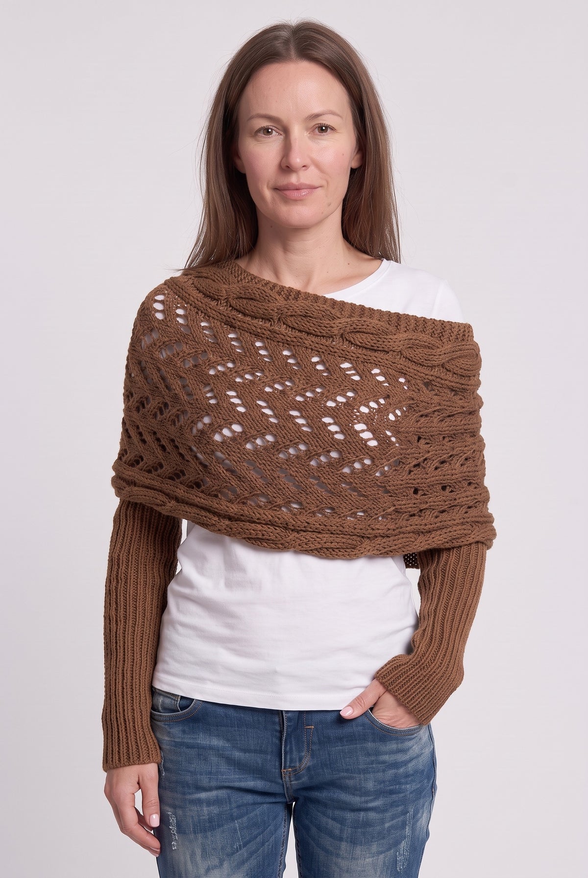 Women's Cardigan | Sleeved Knit Wrap - Coffee