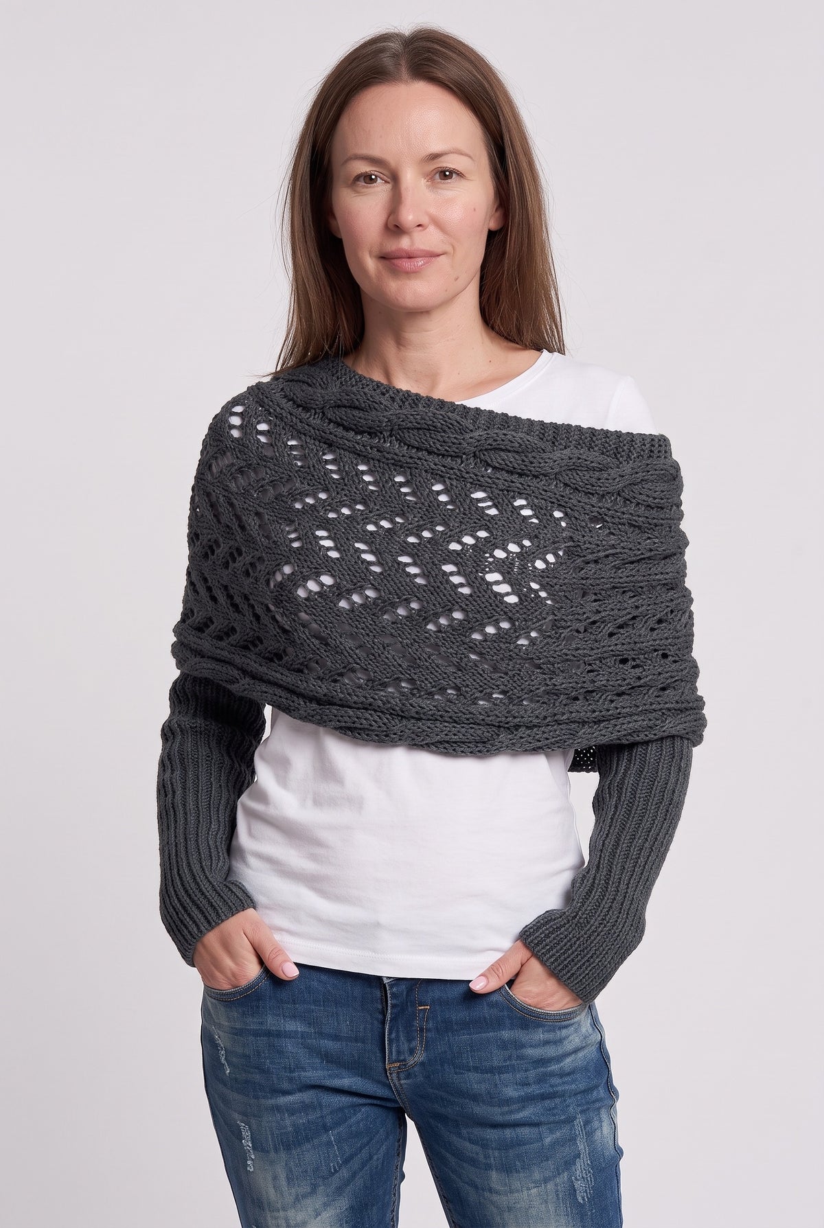 Women's Cardigan | Sleeved Knit Wrap - Grey