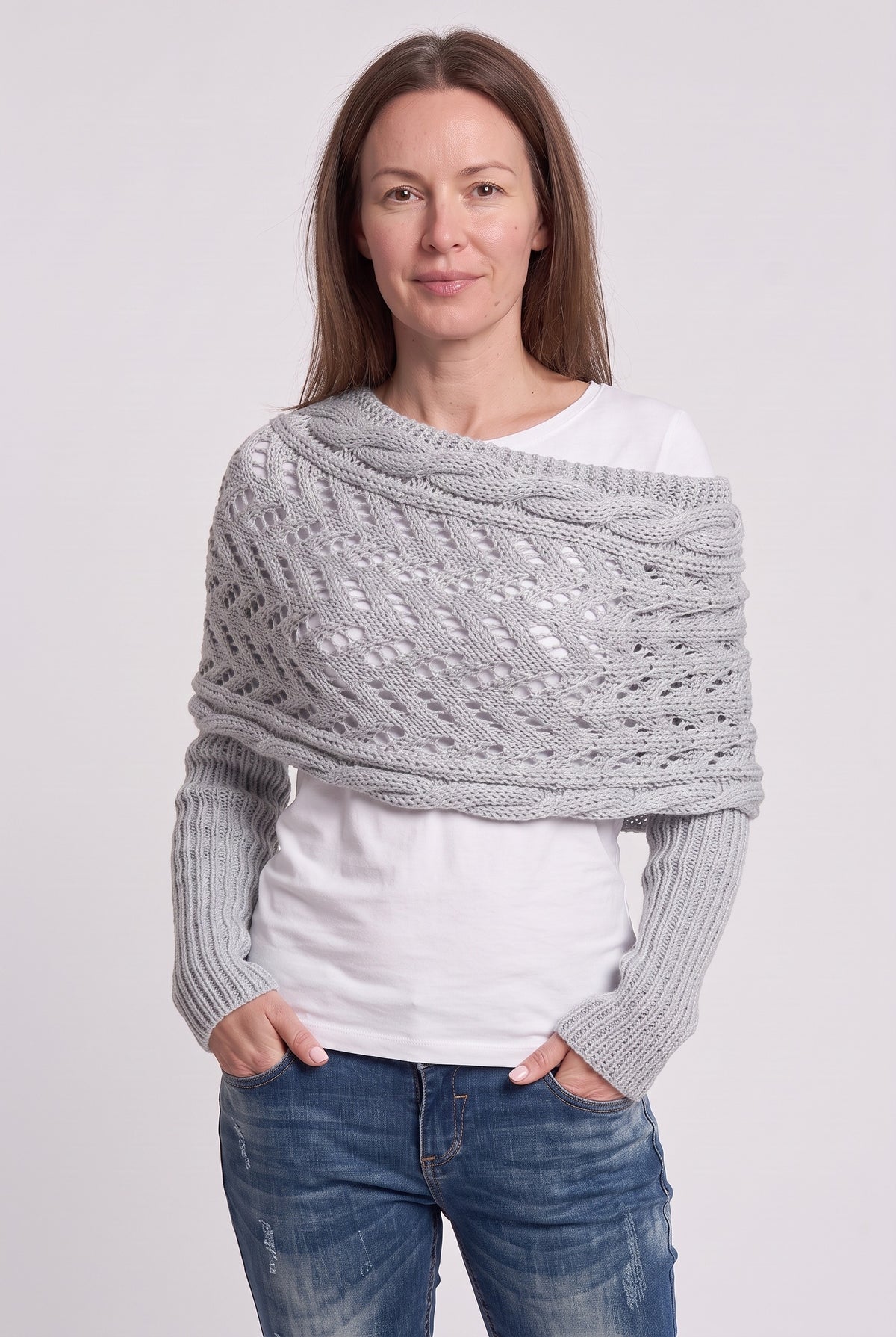 Women's Cardigan | Sleeved Knit Wrap - Light Grey