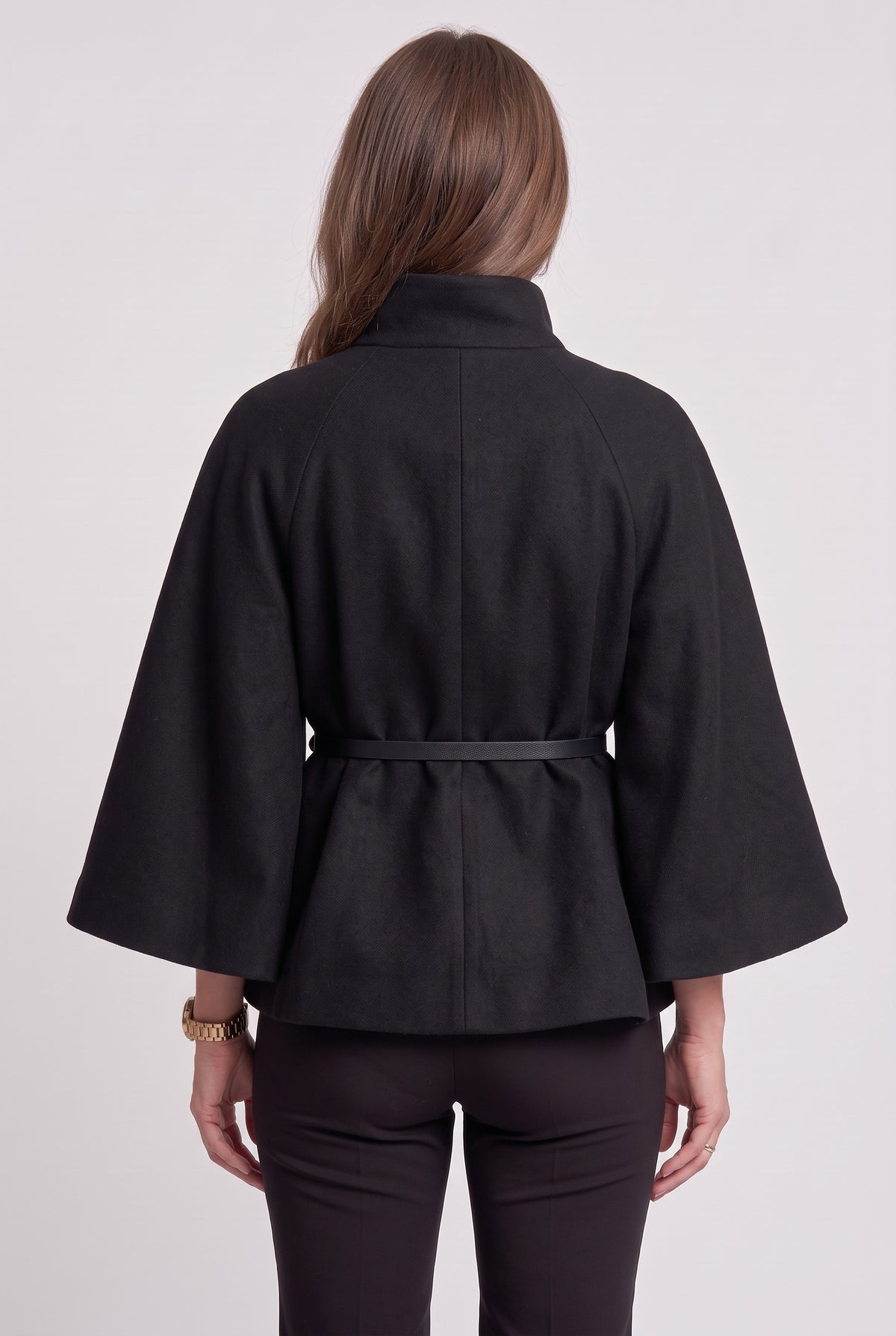 Women's Coat | Belted Cape Funnel-Neck - Black Back