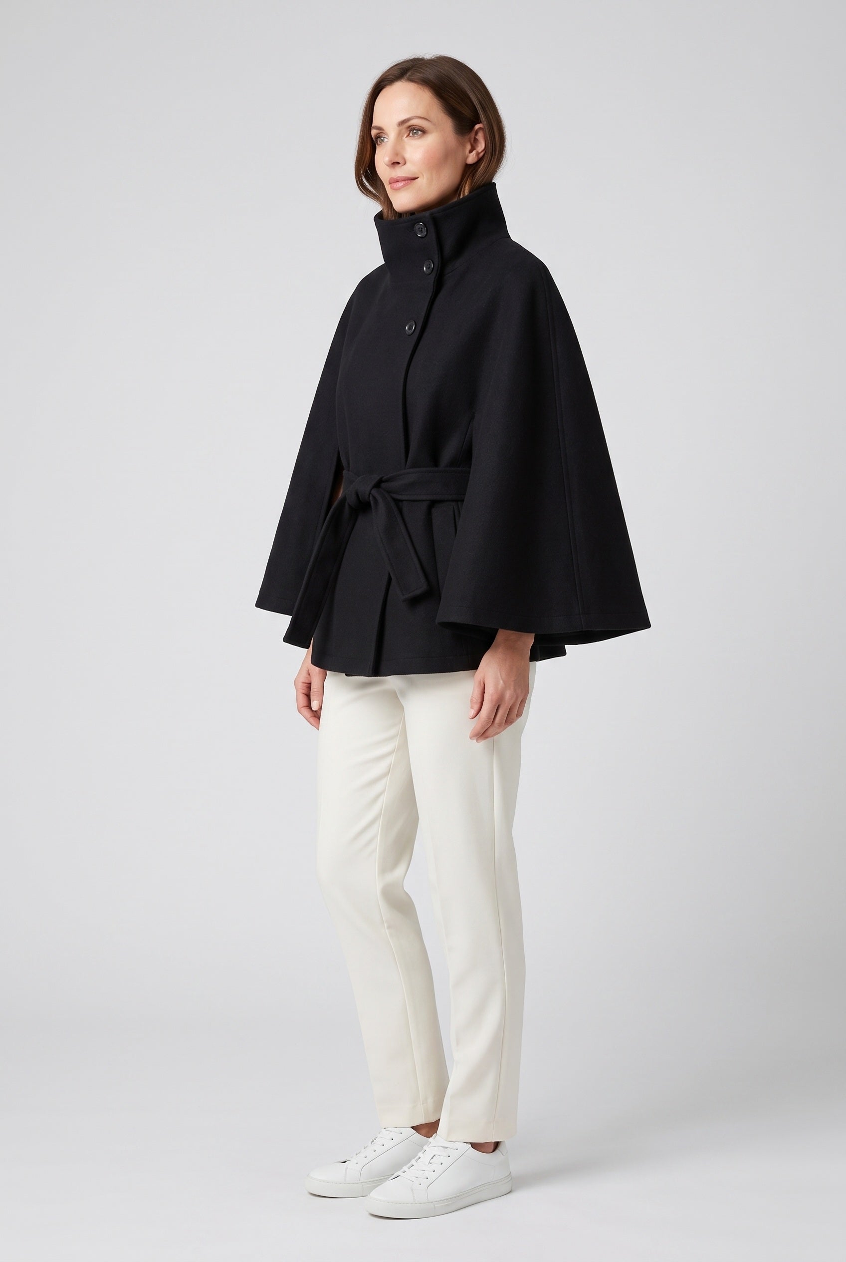 Women's Coat | Cape Funnel Neck Belted - Black
