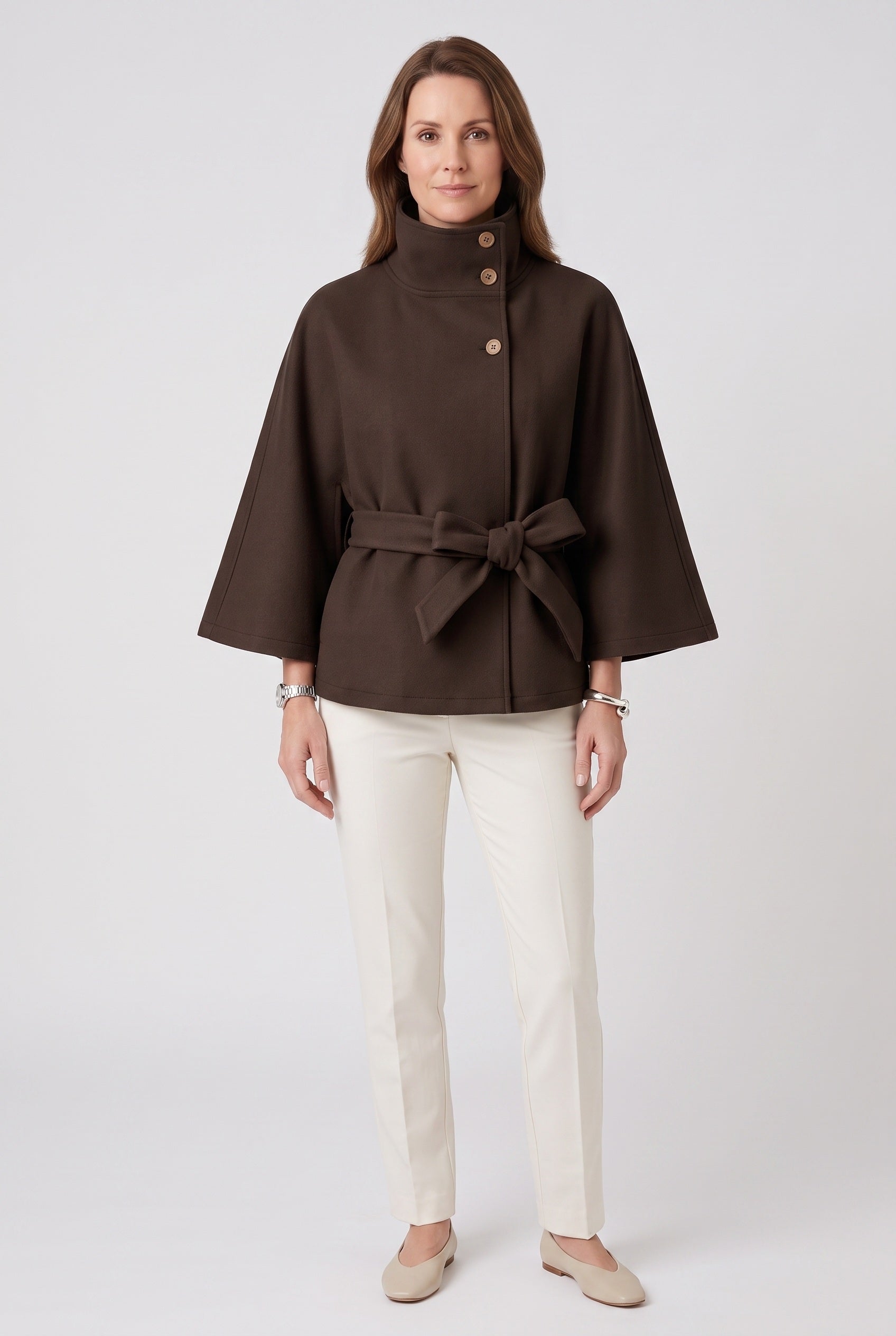 Women's Coat | Cape Funnel Neck Belted - Brown