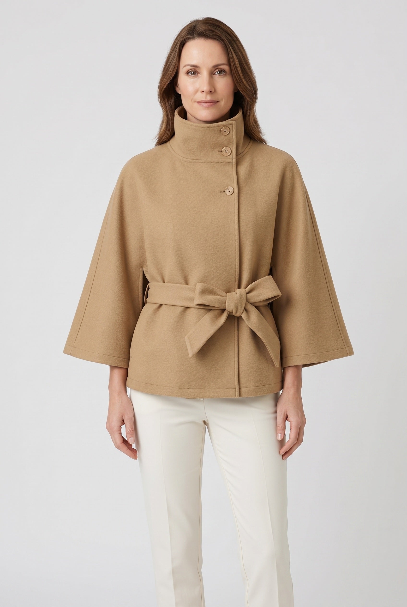 Women's Coat | Cape Funnel Neck Belted - Khaki