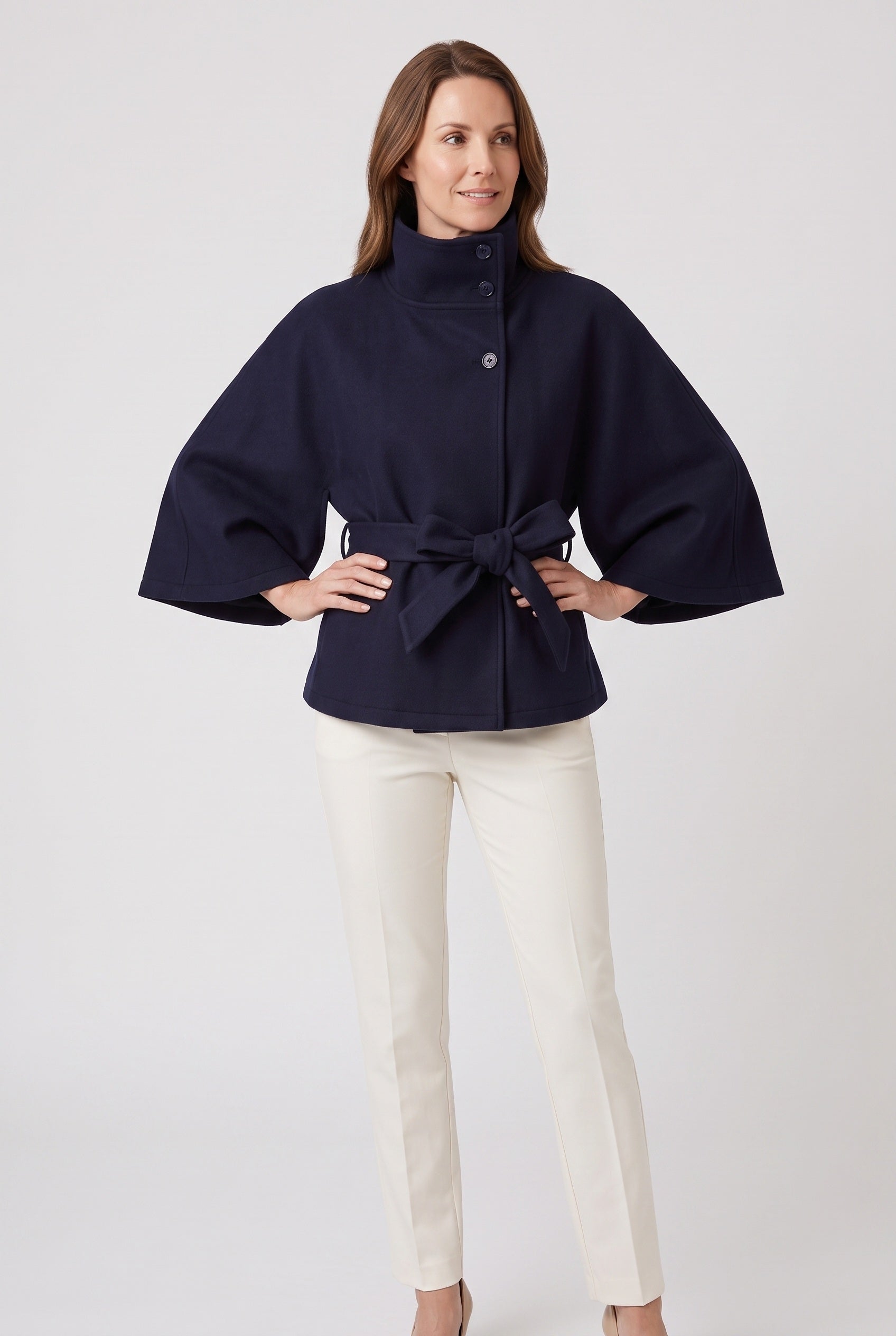 Women's Coat | Cape Funnel Neck Belted - Navy