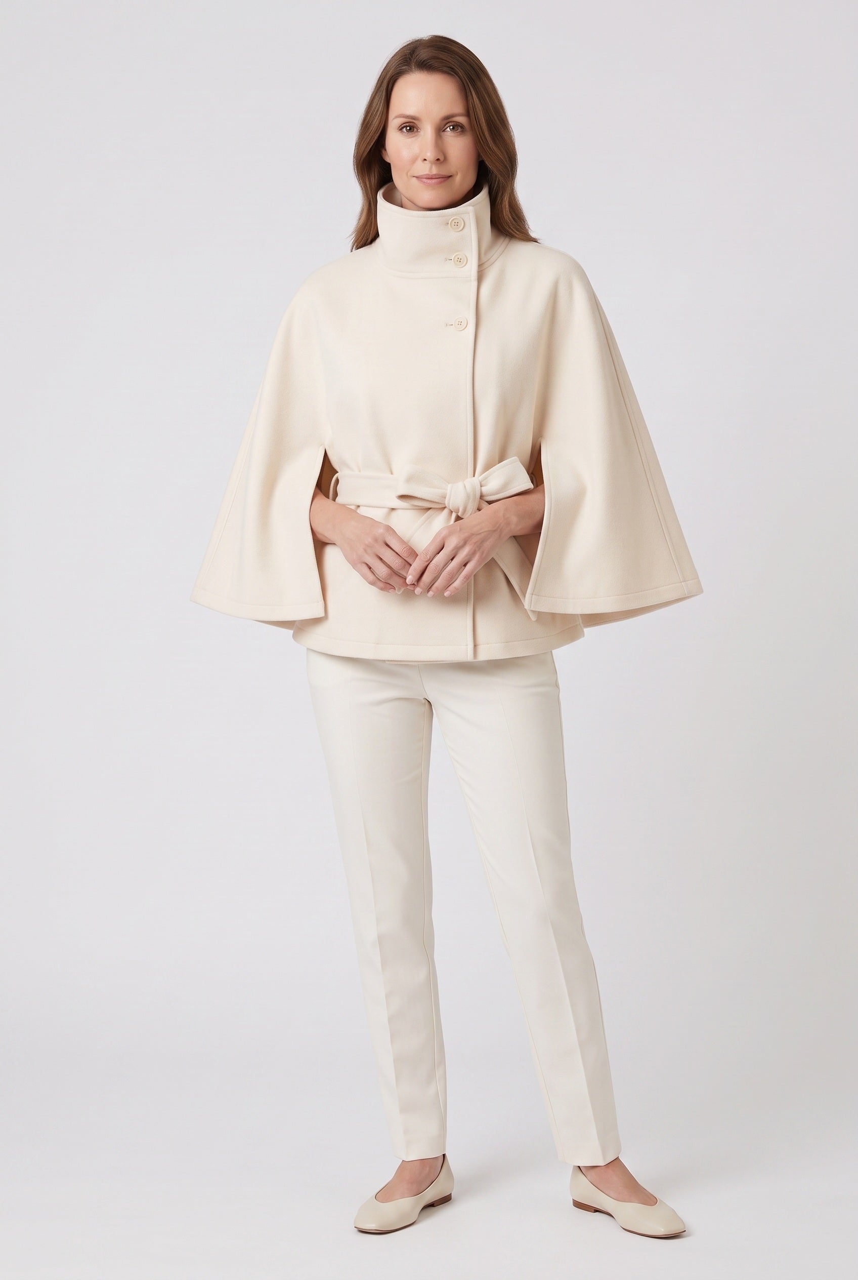 Women's Coat | Cape Funnel Neck Belted - White