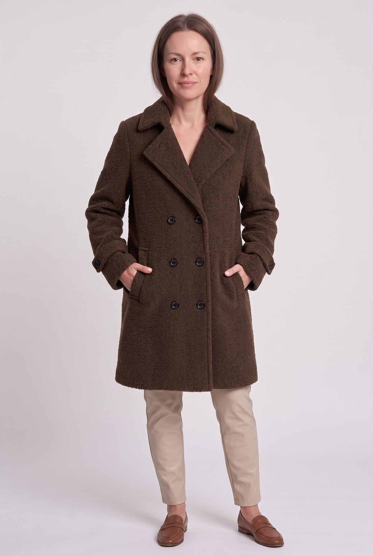 Women's Coat | Double-Breasted Bouclé - Brown