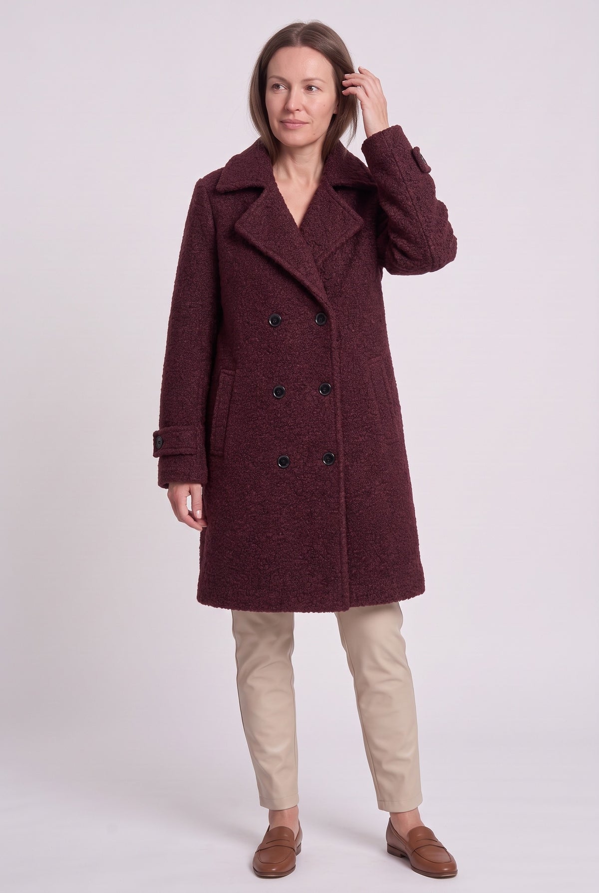 Women's Coat | Double-Breasted Bouclé - Burgundy