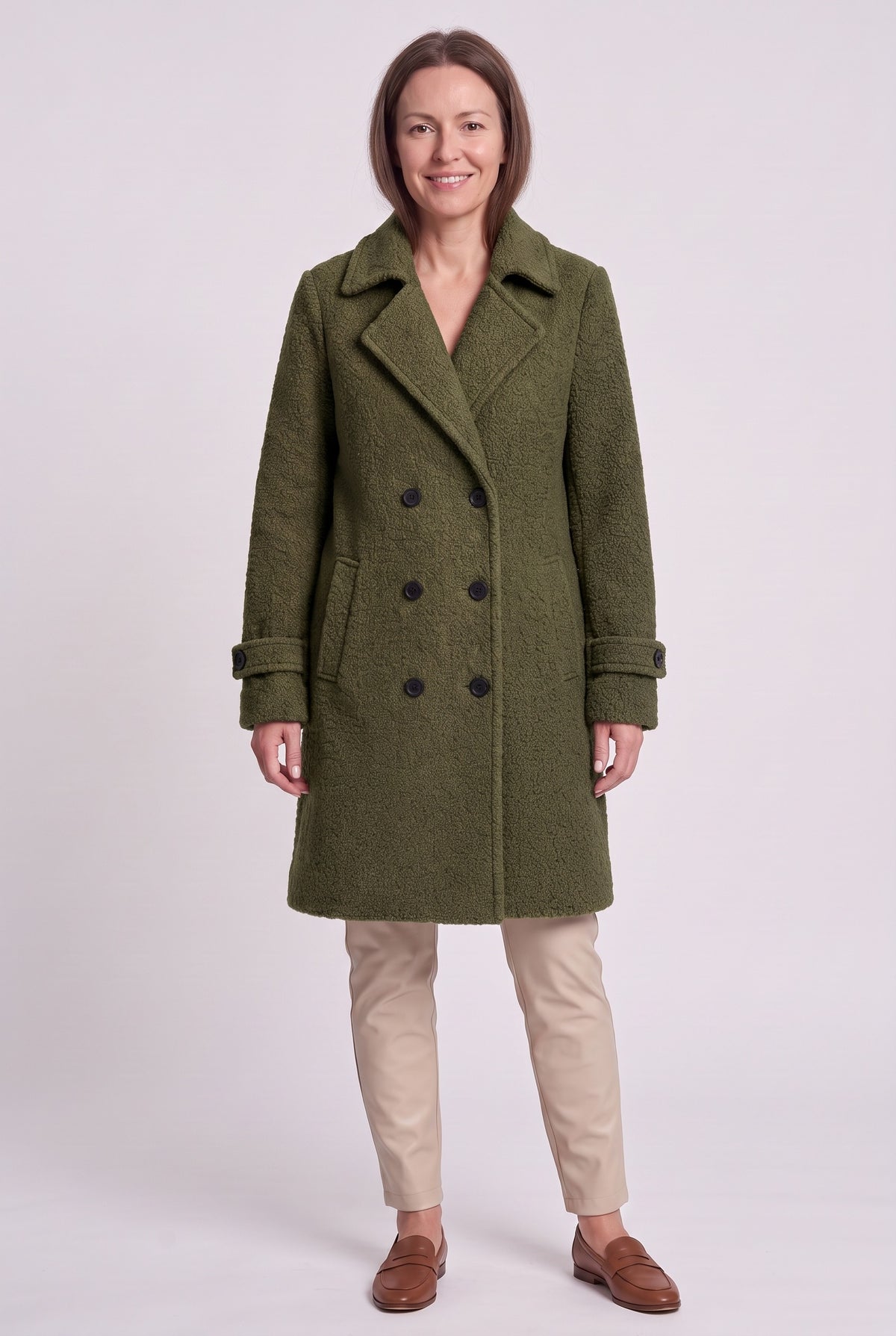 Women's Coat | Double-Breasted Bouclé - Khaki
