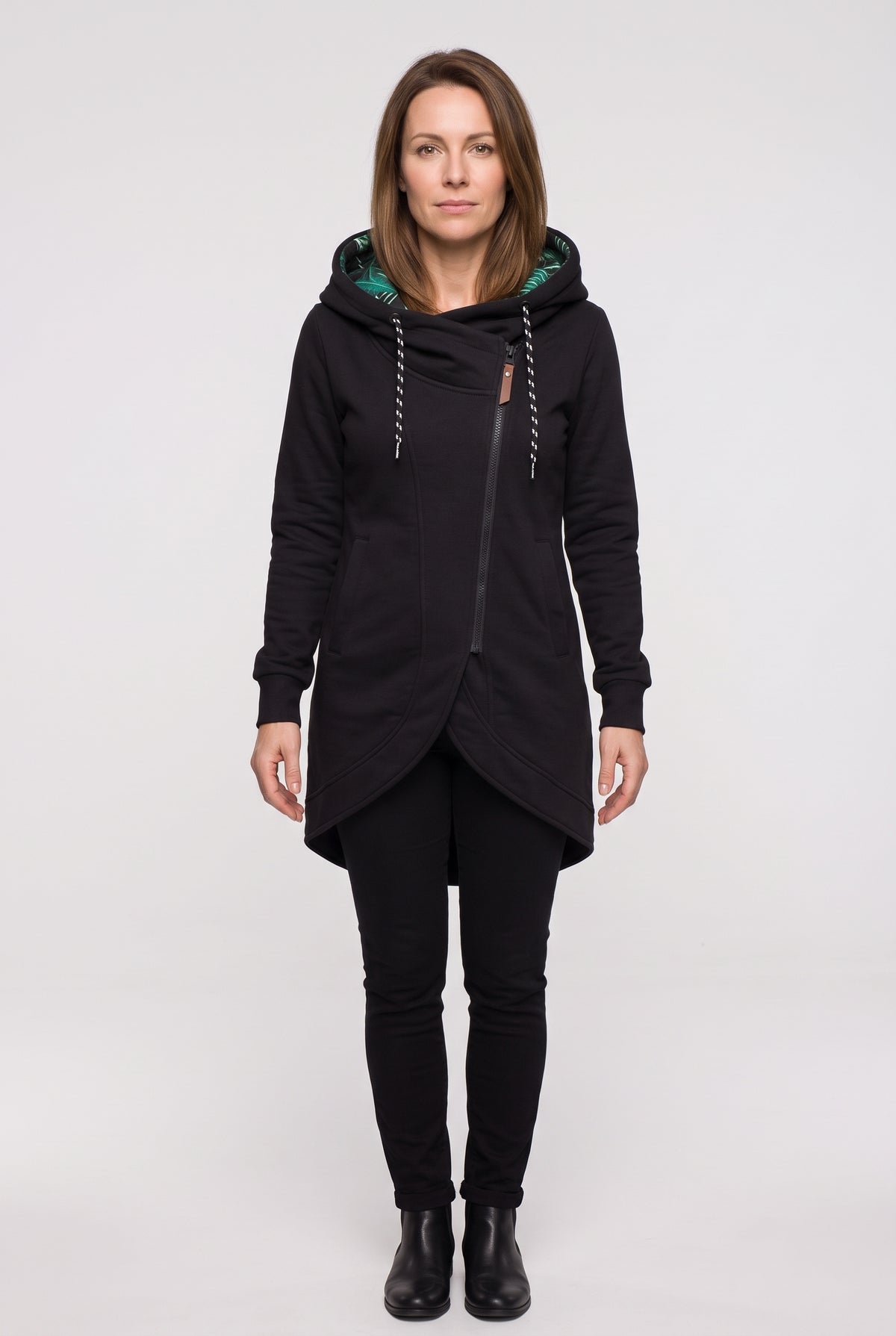 Women's Coat | Hooded Asymmetric Zip - Black