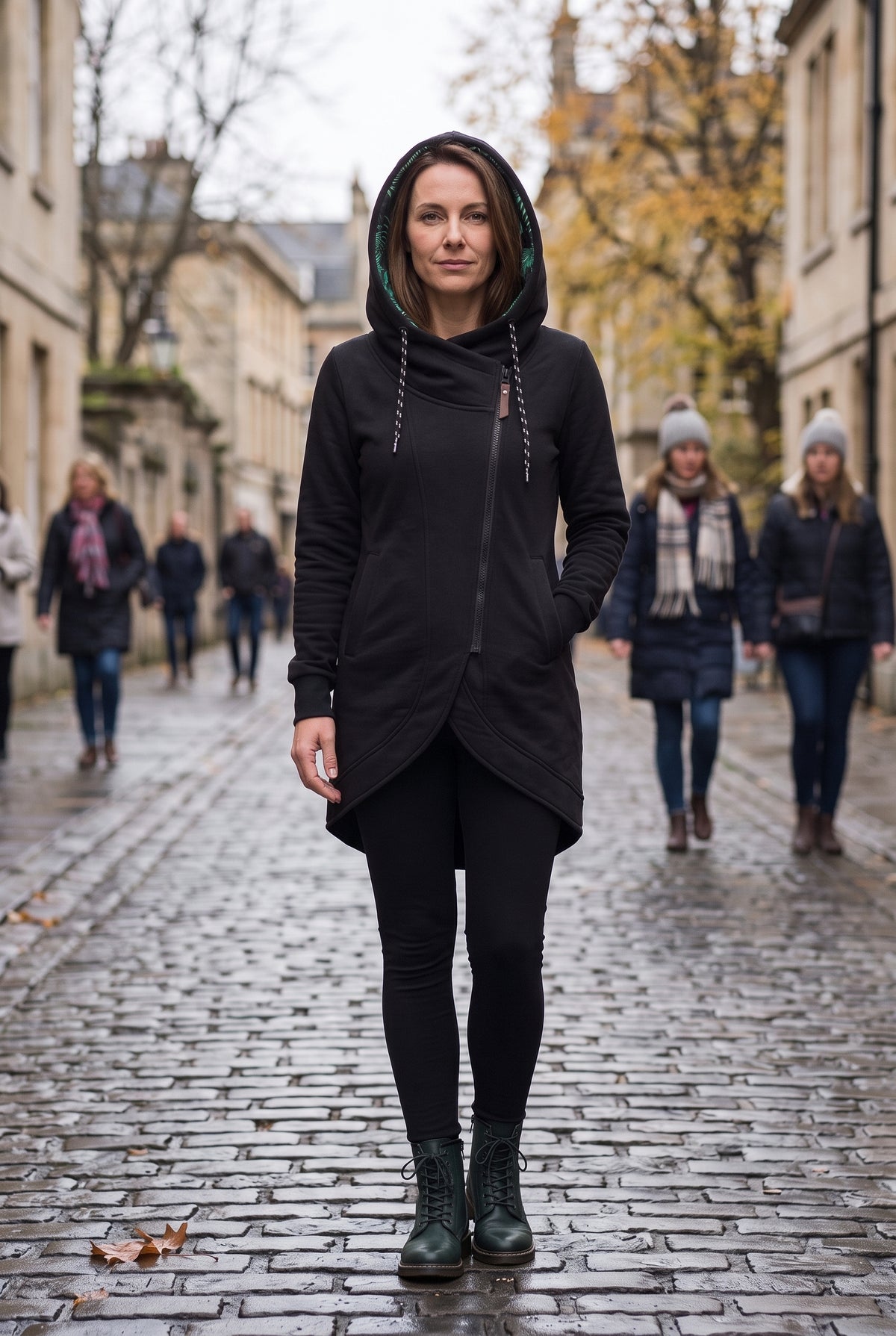 Women's Coat | Hooded Asymmetric Zip - Black lifestyle