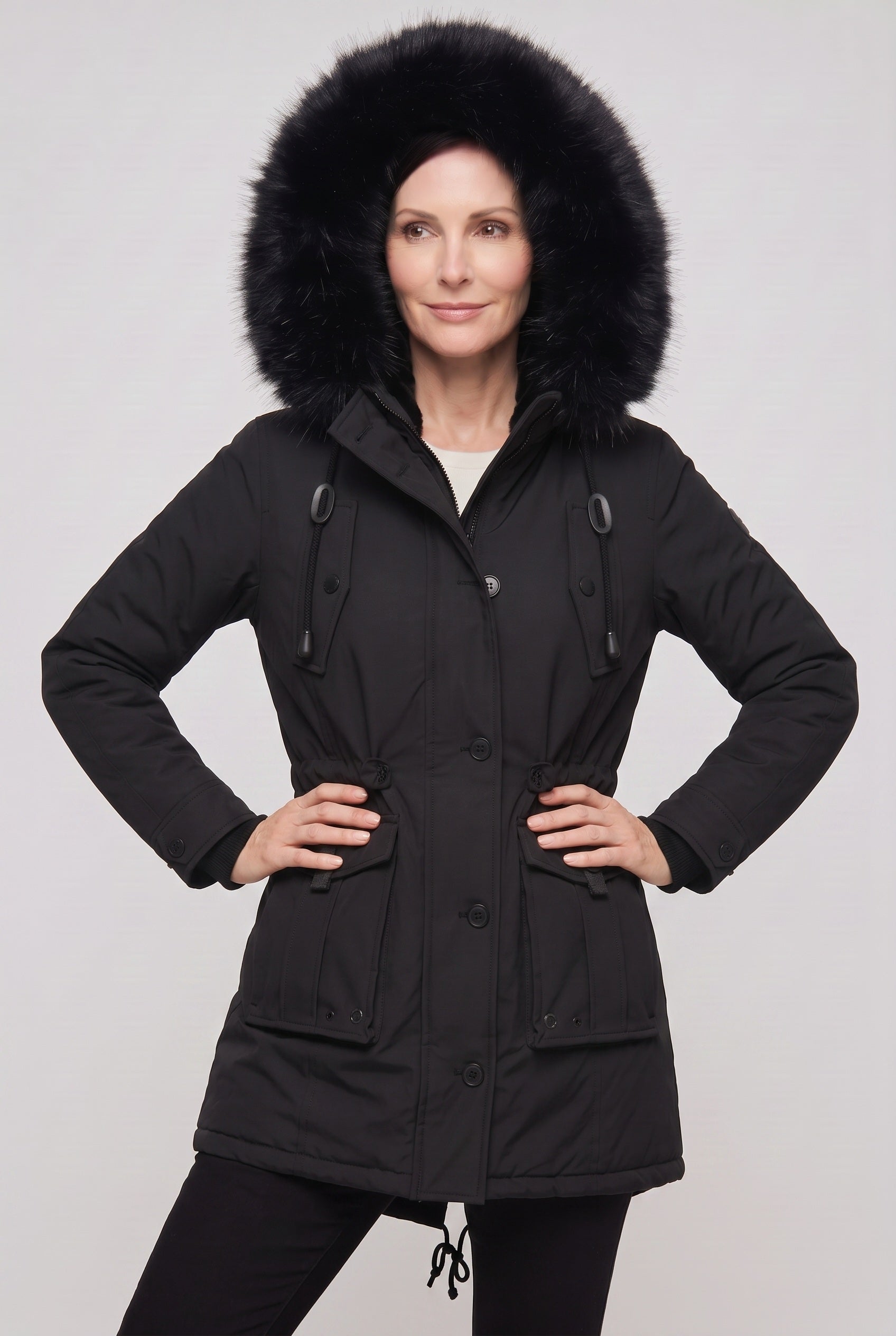 Women's Coat | Hooded Button Front - Black