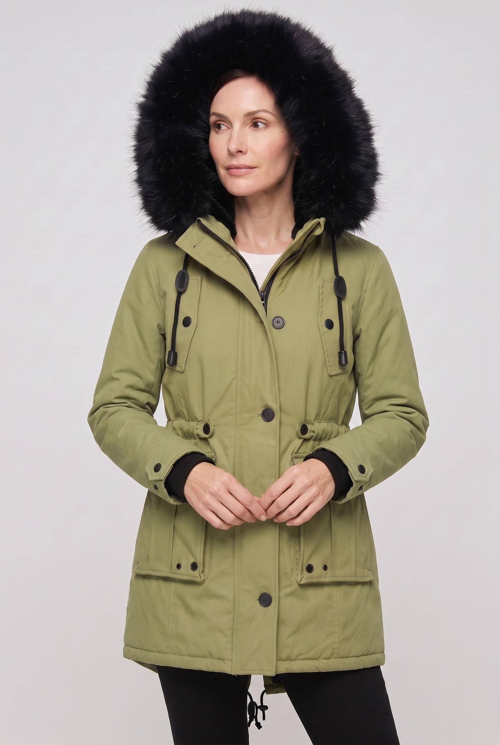 Women's Coat | Hooded Button Front - Green