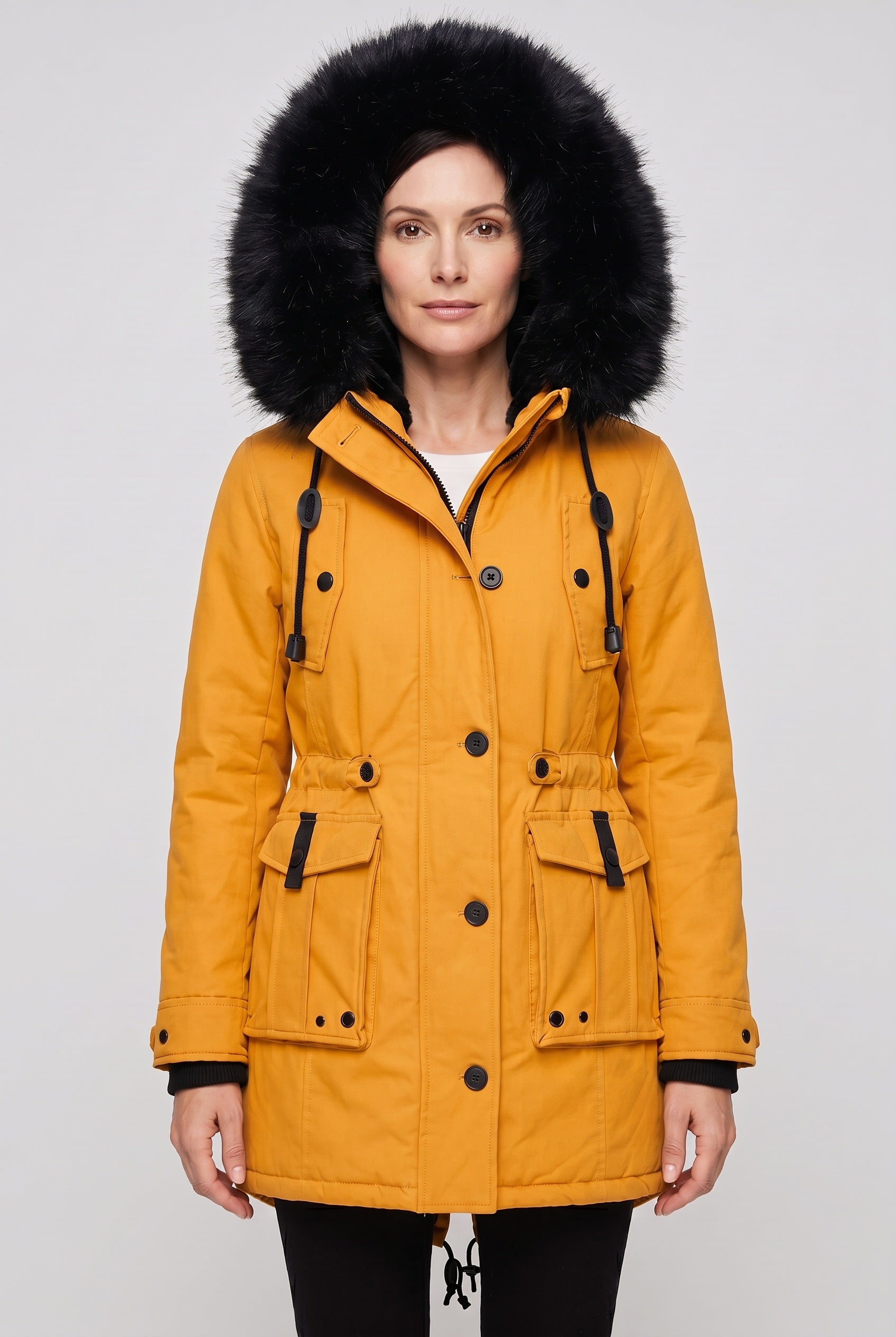 Women's Coat | Hooded Button Front - Yellow